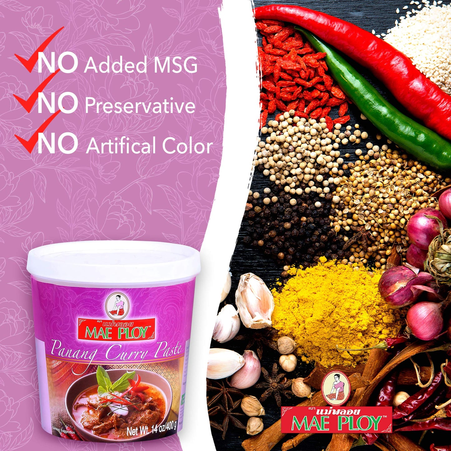 Mae Ploy Panang Curry Paste, Authentic Thai Panang Curry Paste for Thai Curries & Other Dishes, Aromatic Blend of Herbs, Spices