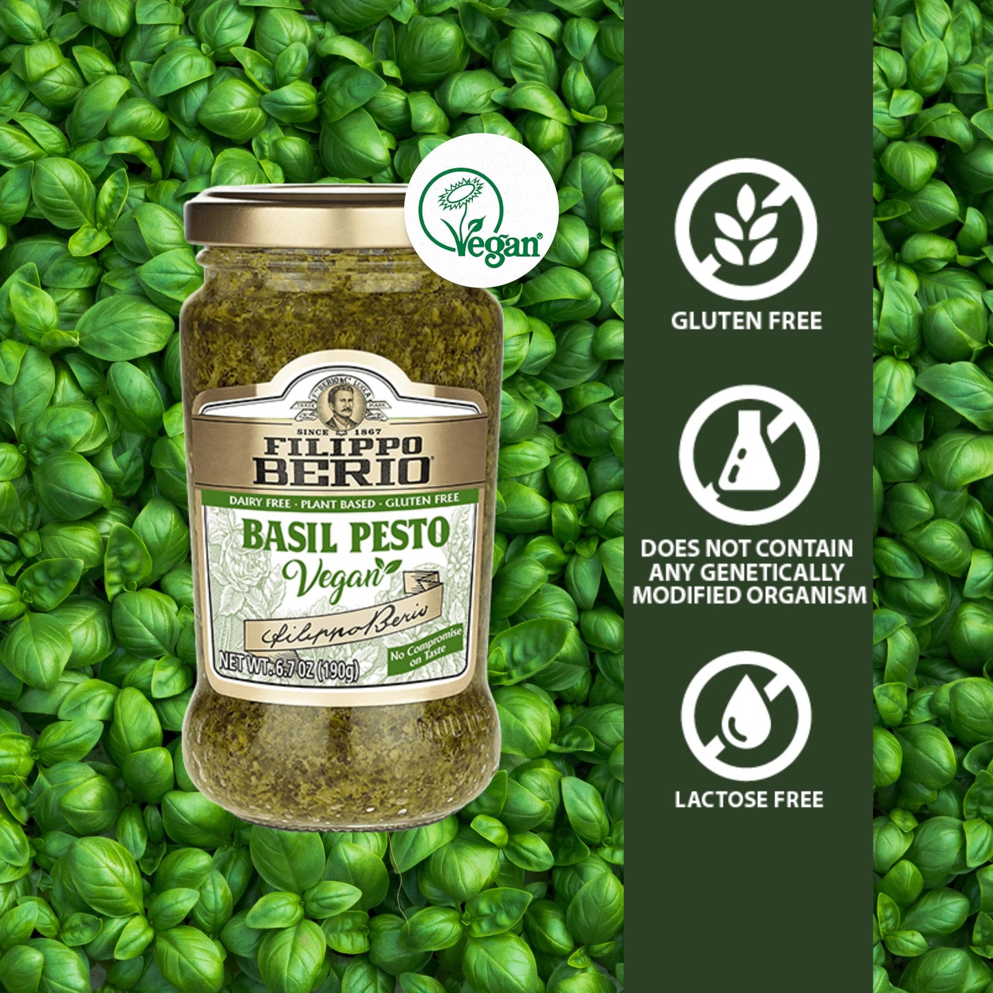 Filippo Berio Pesto, Vegan Basil, 6.7 Ounce Glass Jar