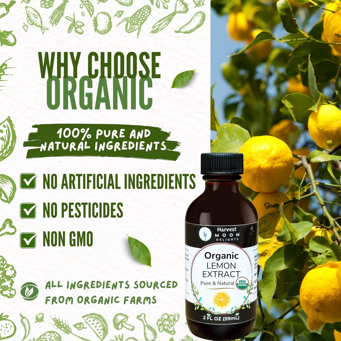 Organic Lemon Extract For Baking, Ice Cream, Drinks, And Candy - 2 Oz - Water-Soluble - By Harvest Moon Delights - Pure Lemon Fl