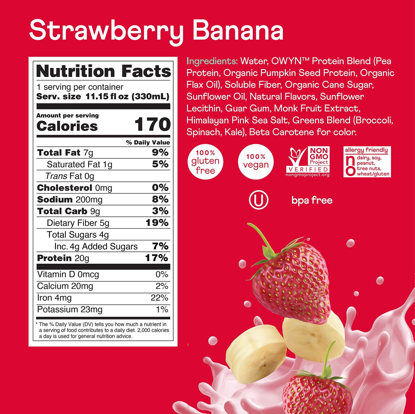 OWYN Strawberry Banana Flavored Protein Shake, 20g Protein, 4g Sugar, 3g Fiber, Dairy Free, Plant Based Protein Drink, 12 Count