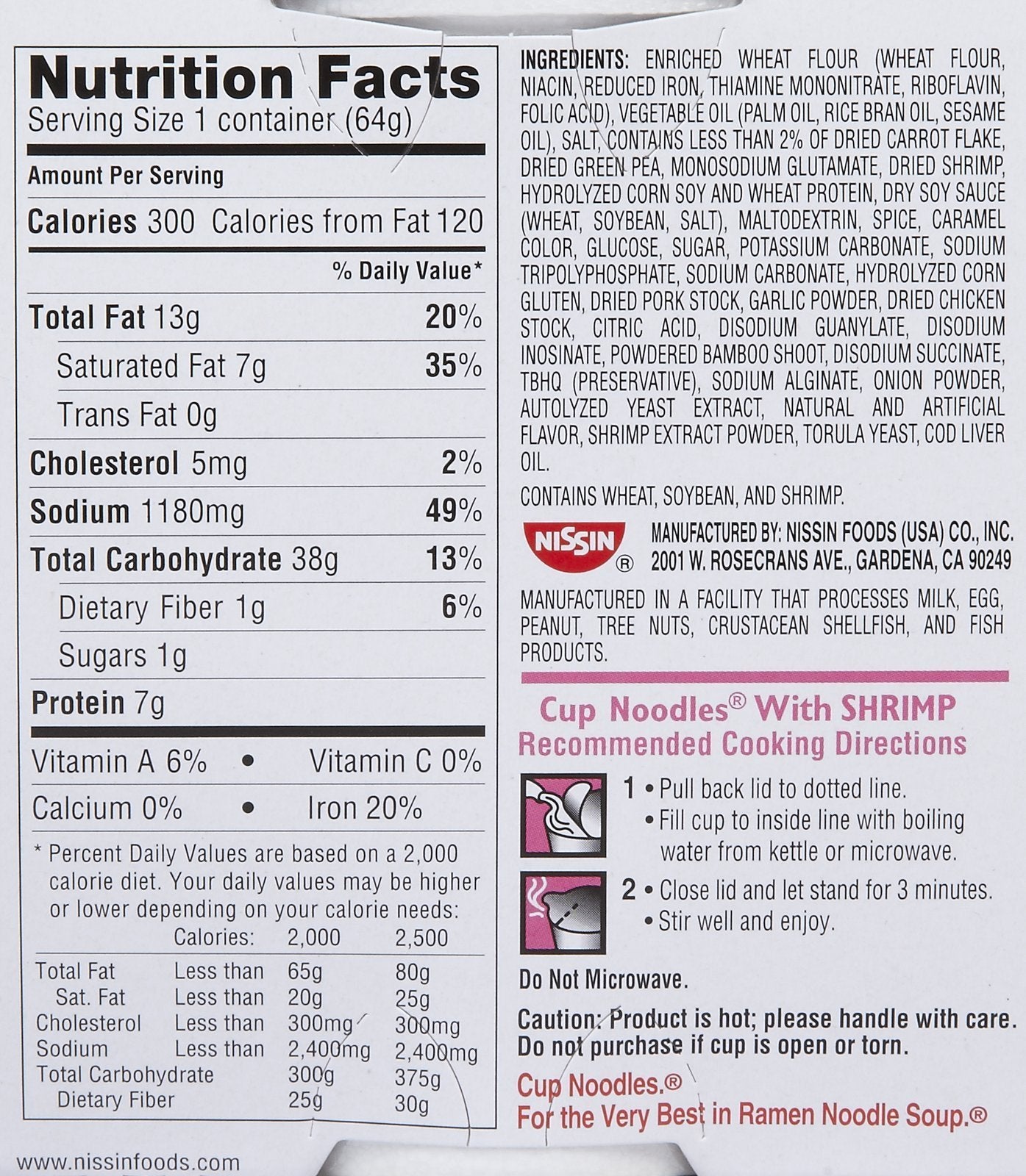Nissin Cup Noodles Ramen, Shrimp, 2.25 Ounce (Pack Of 6)