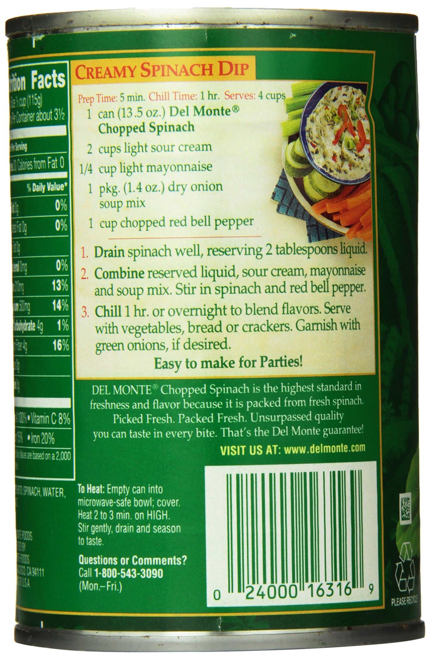 Del Monte Chopped Spinach 13.5Oz Can (Pack Of 6)