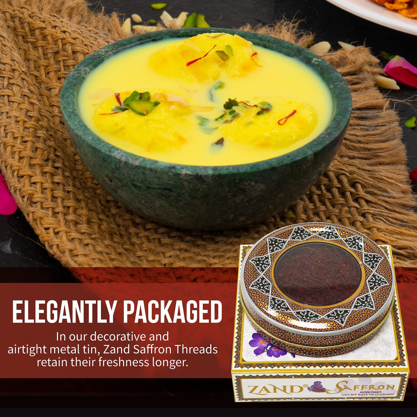 Zand Saffron Threads - 2G Premium Grade A Organic Pure Saffron Spice For Cooking Basmati Rice, And More - In Decorative Airtight