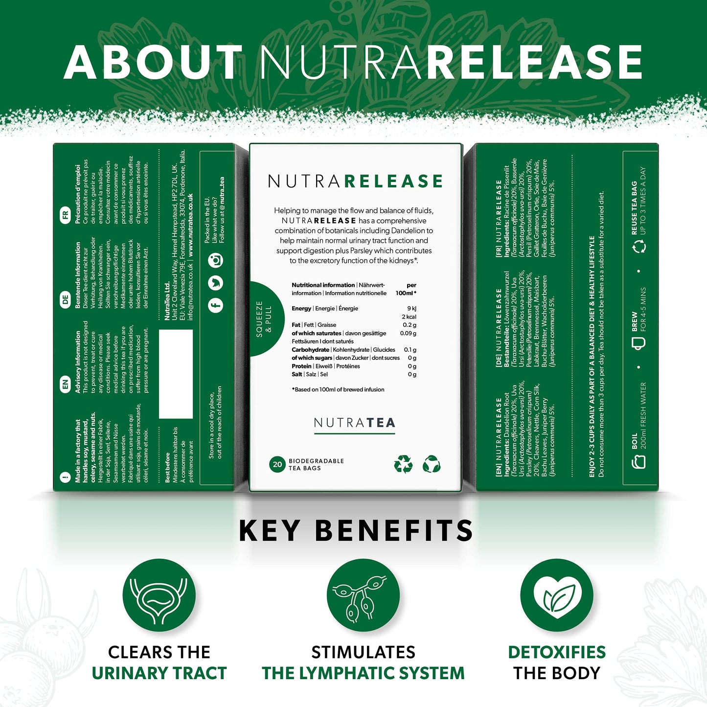 NUTRARELEASE - Water Retention Tea | Bloated Stomach Tea - Natural Diuretic For Water Balance - Includes Dandelion Root & Bearbe