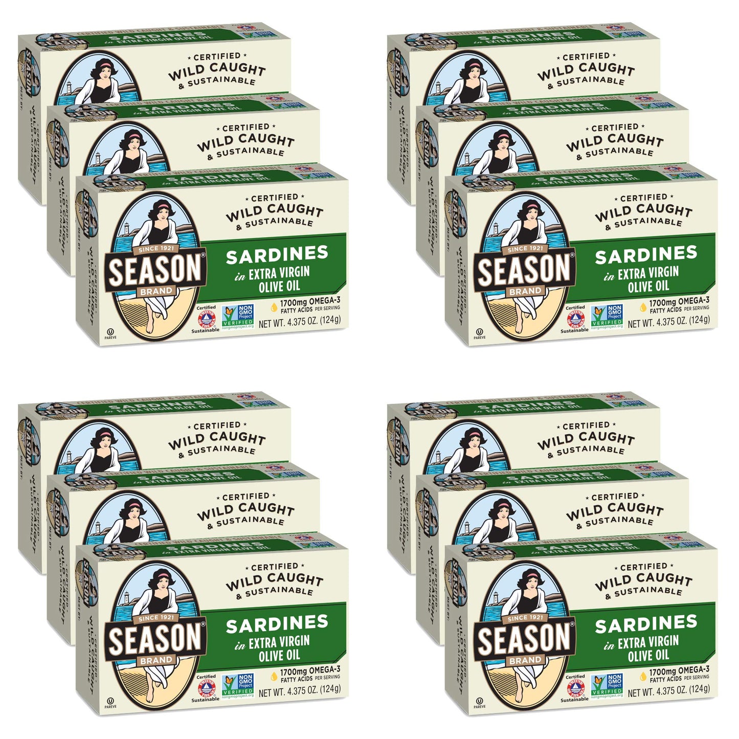 Season Sardines In Extra Virgin Olive Oil - Wild Caught, Canned Sardines, 22G Of Protein, Kosher, More Omega 3'S Than Tuna - 4.37 Oz Tins, Pack Of 12