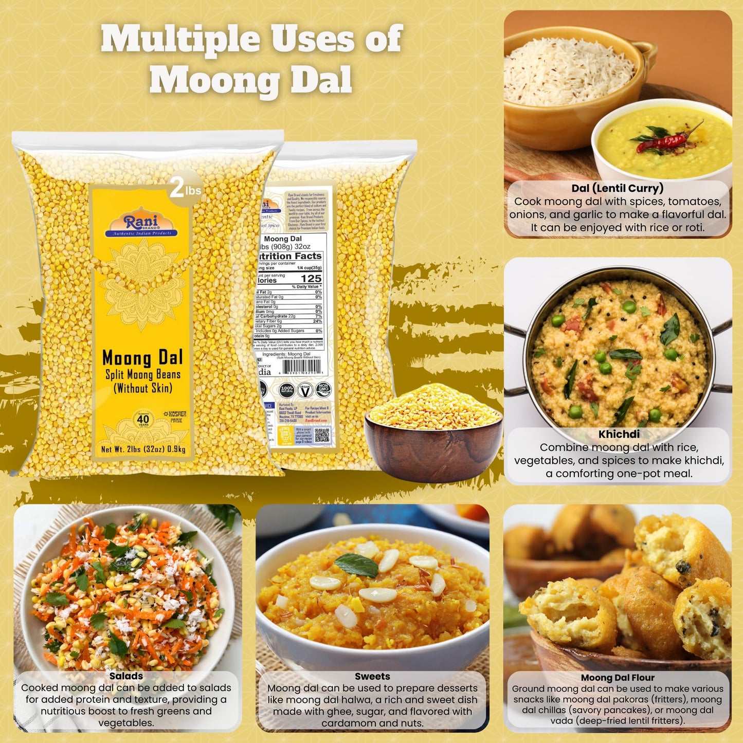 Rani Moong Dal (Split Mung Beans Without Skin) Lentils Indian 32oz (2lbs) 908g ~ All Natural | Gluten Friendly | Non-GMO | Vegan