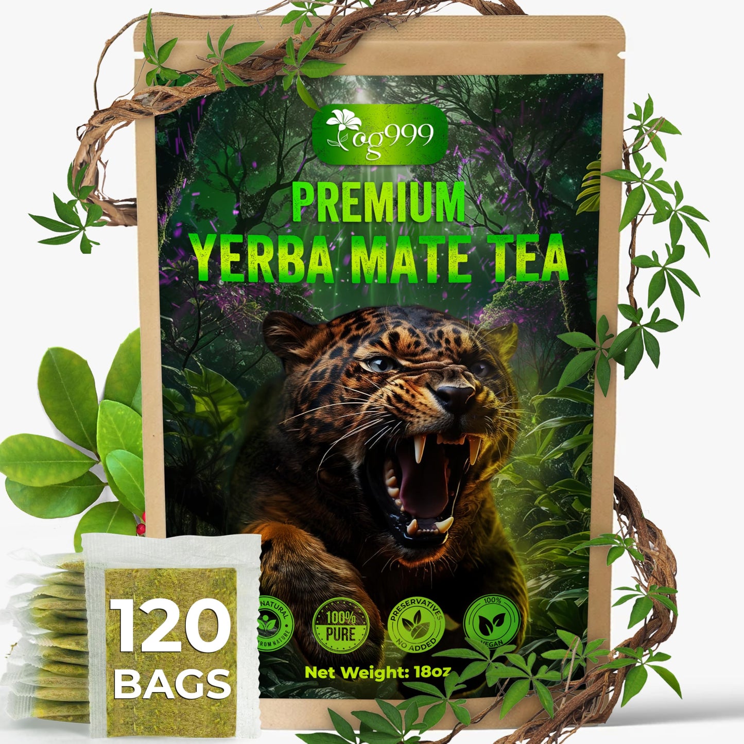 TOG999 Yerba Mate Tea Bags, Hi-Caffeine, Fresh, 120 Bags