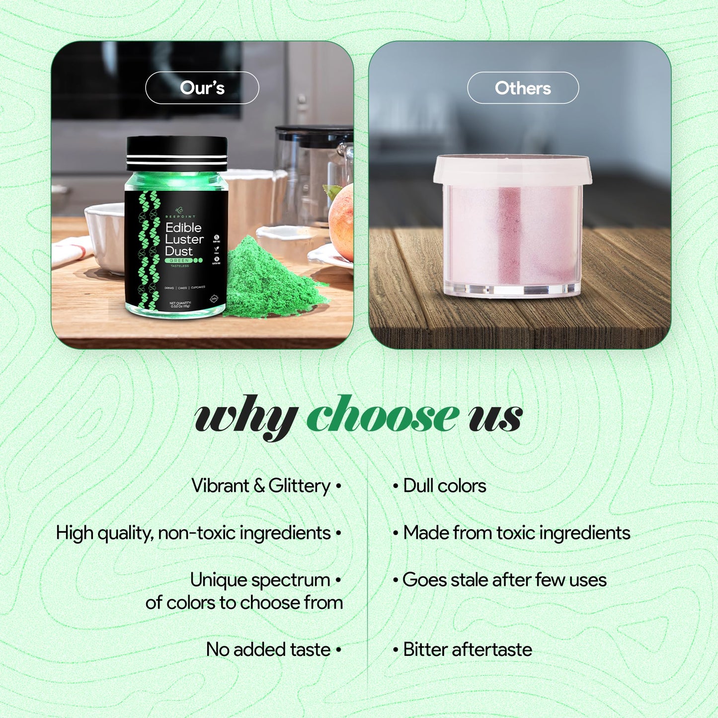 BeePoint Edible Luster Dust - Green Shimmer Powder for Baking, Drinks & Decorating - 15g Vegan & Gluten Free