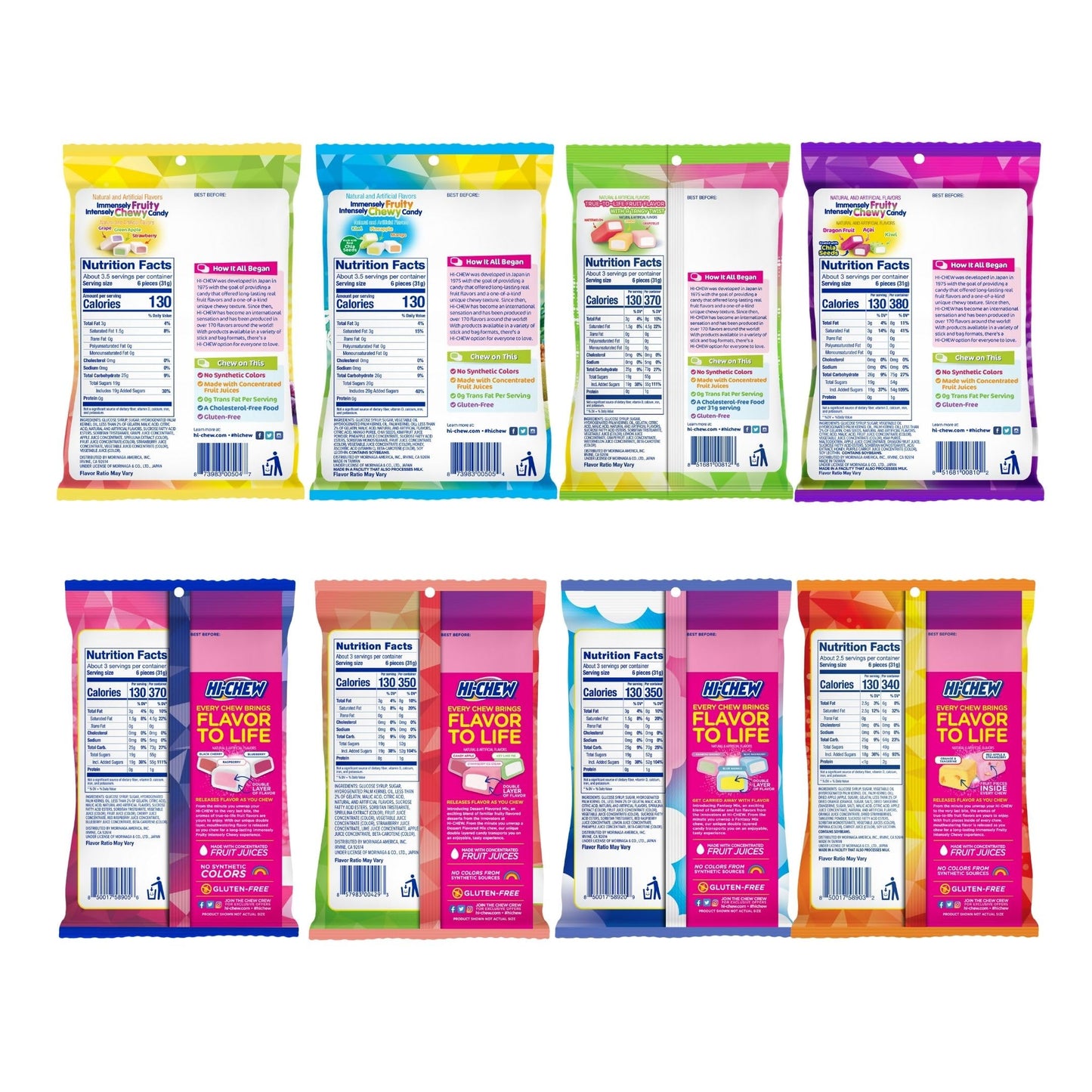 Hi-Chew Variety Mix, Pack Of 8 Bags - 22 Flavors Including Dessert Mix - Unique Fun Soft & Chewy Taffy Candy - Immensely Juicy Fruit Flavors - Individually Wrapped For Sharing
