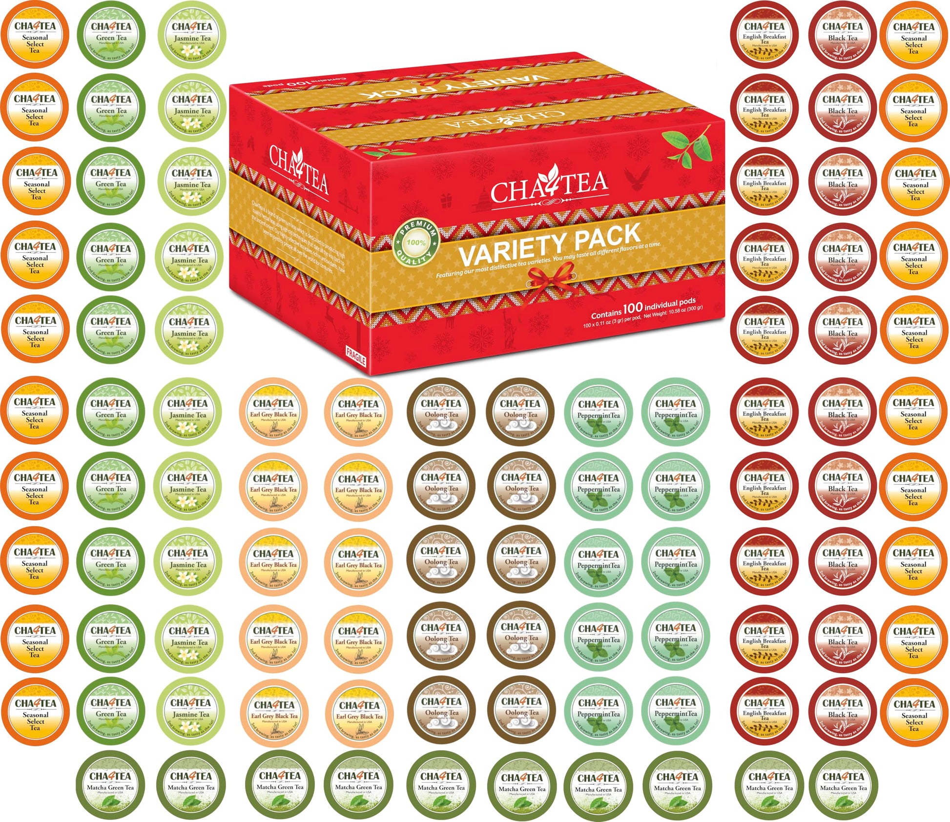 Cha4TEA 100-Count Variety Pack Tea Compatible with Keurig - Green, Black, Jasmine, Earl Grey, Oolong, Peppermint, Matcha, Seasonal