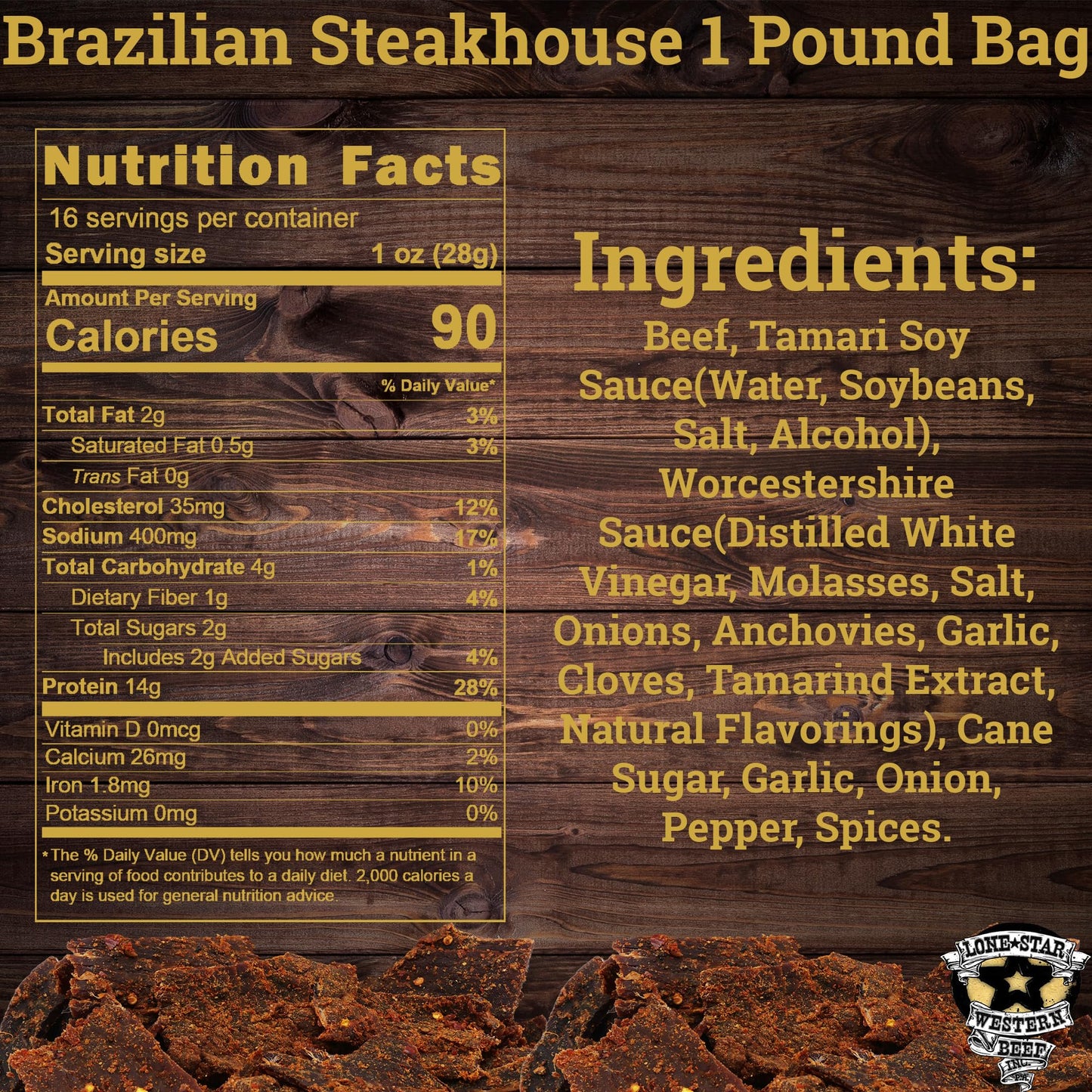 Lone Star Brazilian Steakhouse Flavored Beef Jerky - 1 Pound Resealable Bag - Hickory Smoked Handcrafted Flavor - High Protein Healthy Meat Snack