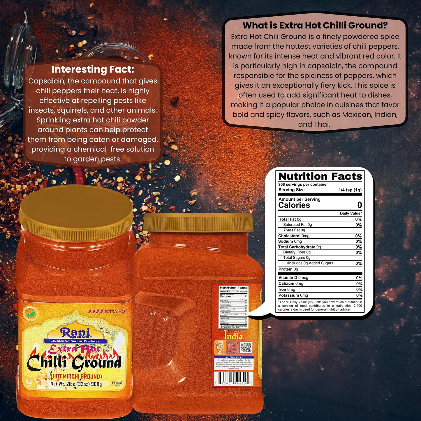 Rani Extra Hot Chilli Powder Indian Spice 32Oz (2Lbs) 908G Pet Jar ~ All Natural | No Color Added | Gluten Friendly | Vegan | No
