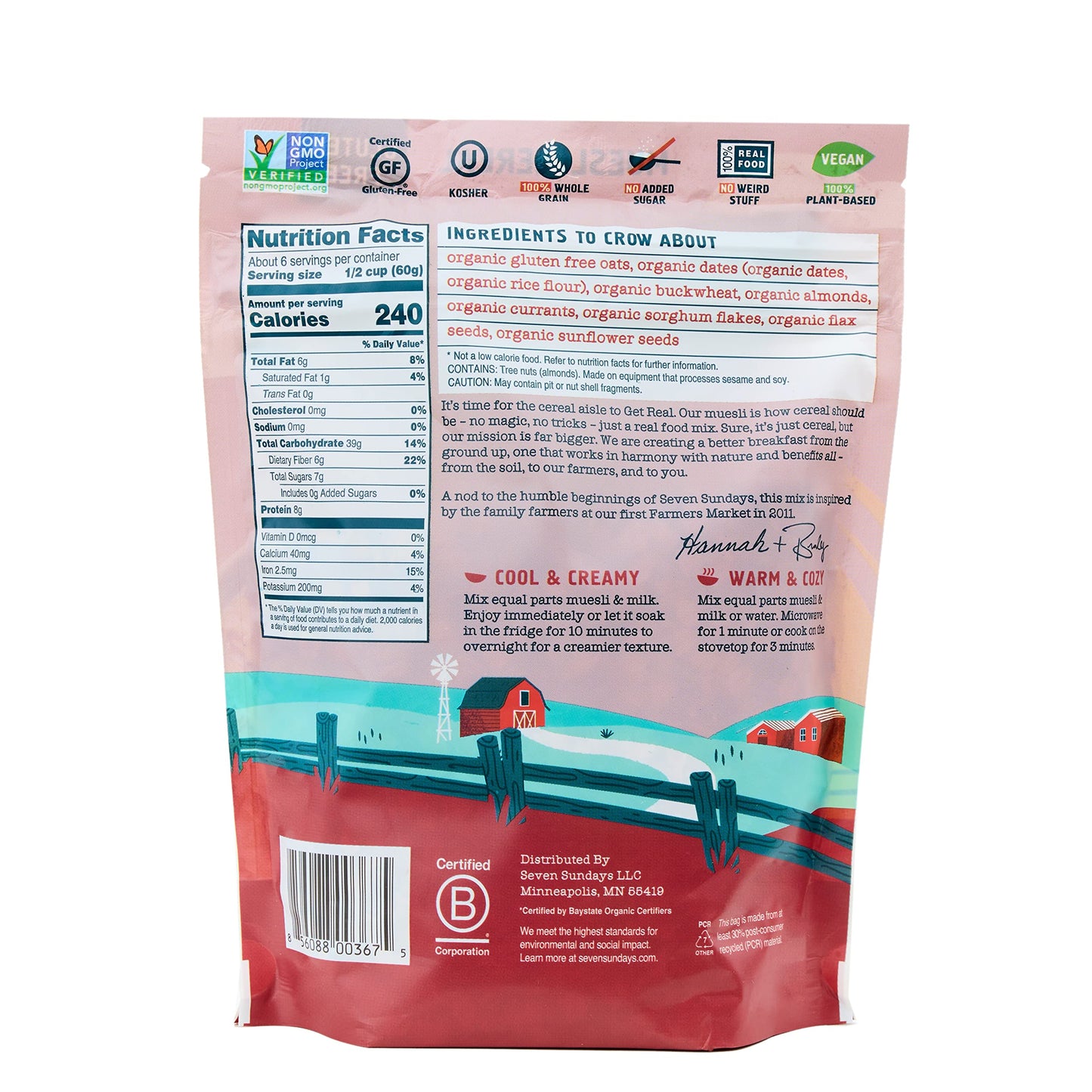 Seven Sundays Farmers Market Organic Almond Date Currant Muesli Cereal - 4 Count, 12 Oz Pouch - Certified Gluten Free Muesli - N