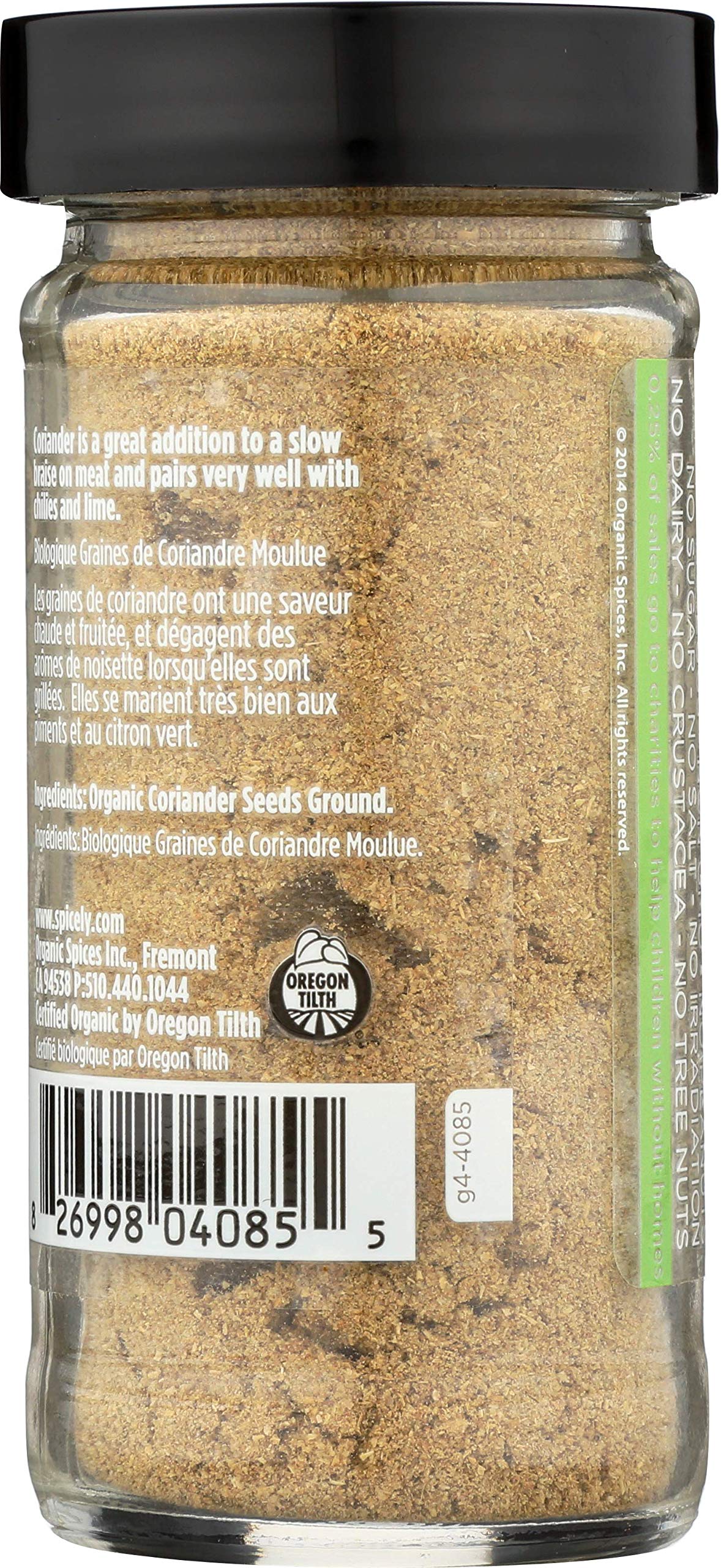 Spicely Organic Coriander Powder 1.40 Ounce Jar Certified Gluten Free
