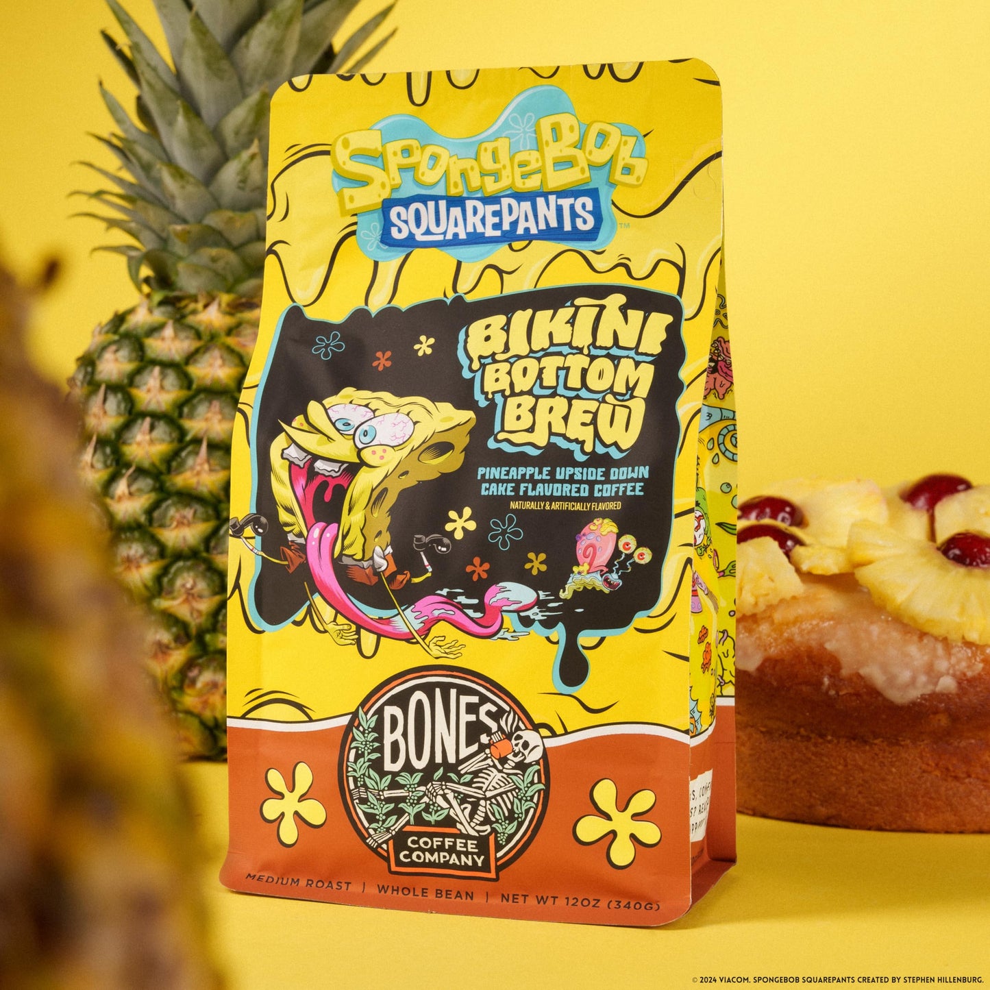 Bones Coffee Company Bikini Bottom Brew Whole Coffee Beans Beans Pineapple Upside Down Cake Flavor, Low Acid Flavored Coffee Made With Arabica Beans, Medium Roast Coffee Inspired By Spongebob (12 Oz)