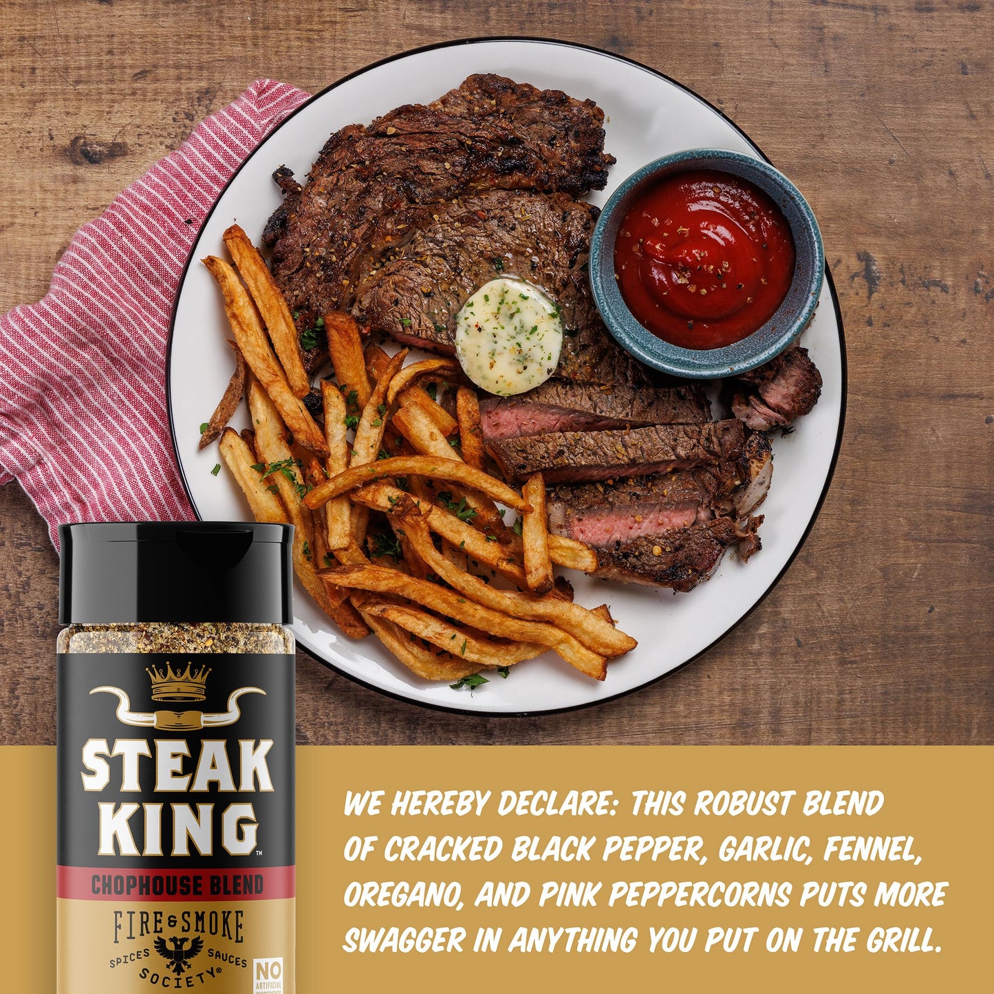 Fire & Smoke Society Steak King Seasoning | BBQ Rub | 6.2 oz | Ideal for Steak, Lamb, and Burgers | Black Pepper, Fennel, Oregano