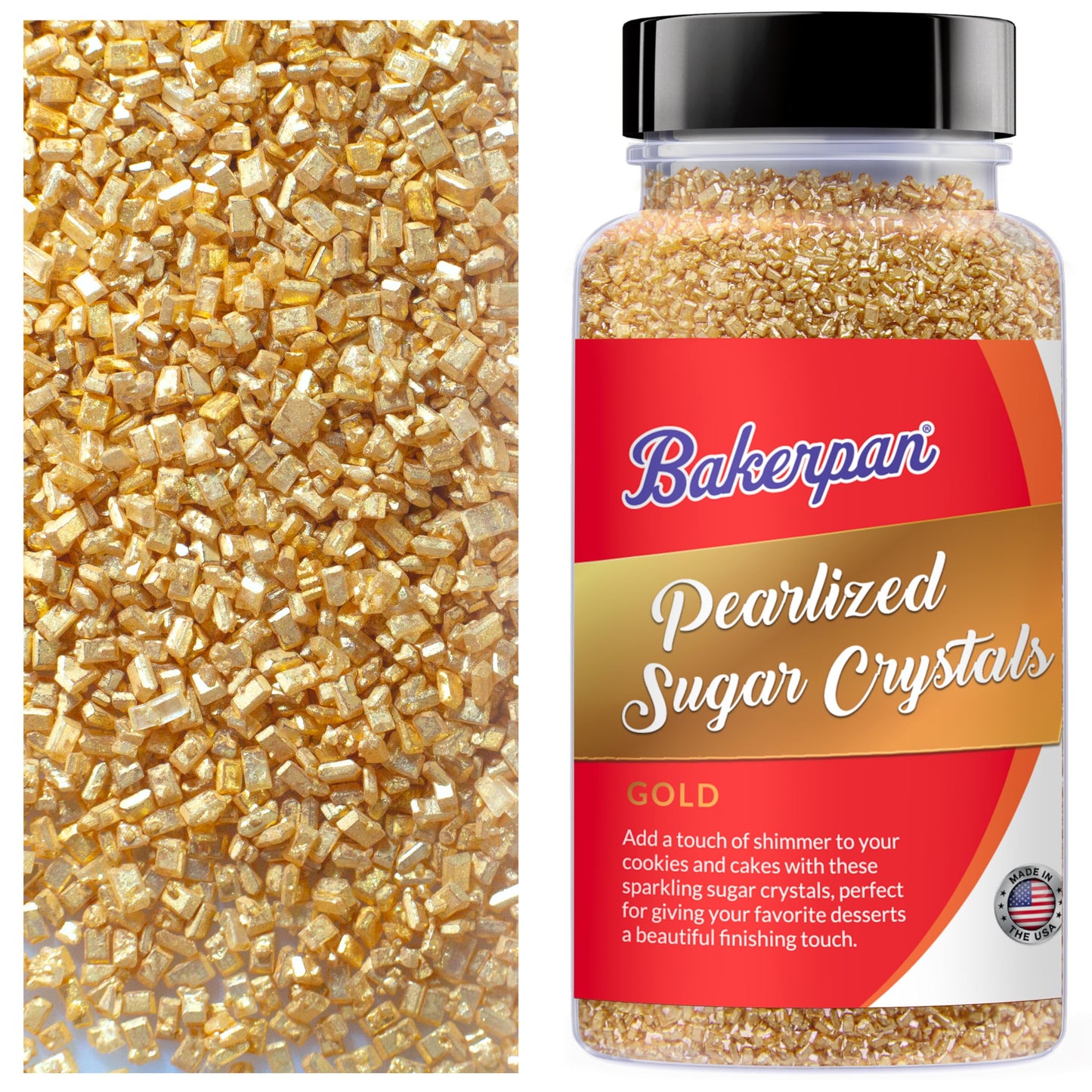 Bakerpan Pearlized Sugar Sprinkles for Baking - 5 Ounce - Sparkling Gold Decorating Sugar Crystals for Cookies, Cake Pops, Ice C