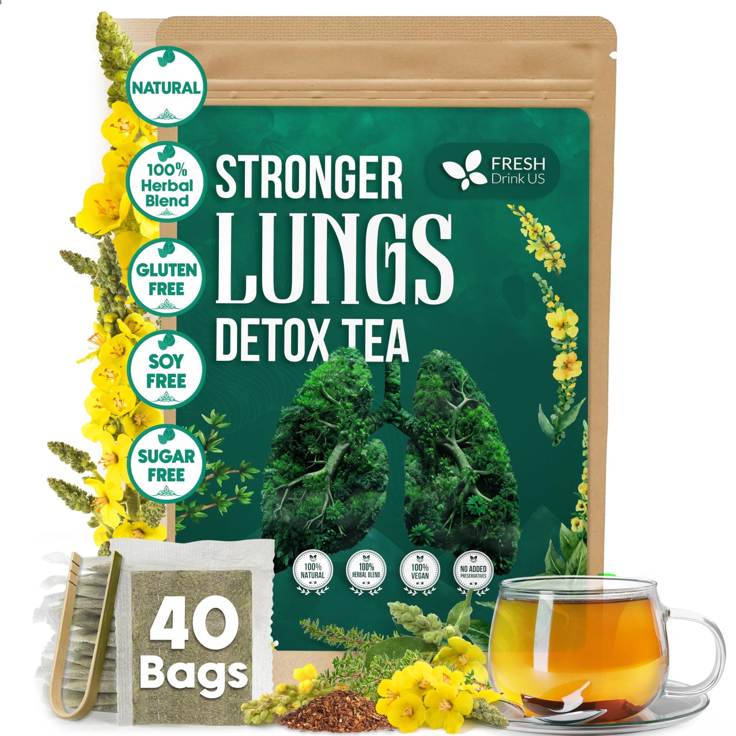 Freshdrinkus  Strongerlungs 40 Tea Bags - Mullein Leaf  Flavor Blendseng  Elderberry  Flavor Blendger & Thyme - Supports Lung Cleanse  Congestion Relief & Mucus Detox - Energy Blend-Free & All-Natural