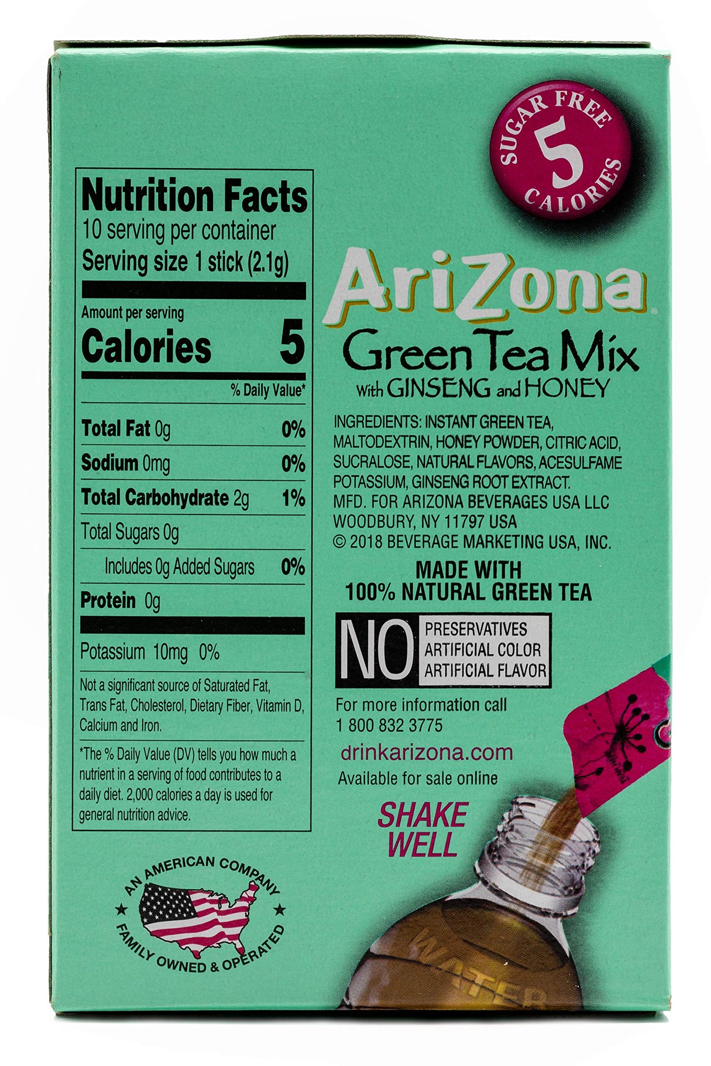 Arizona Green Tea With Ginseng Sugar Free Iced Tea Stix, Low Calorie Single Serving Drink Powder Packets, 10 Count (Pack Of 12)