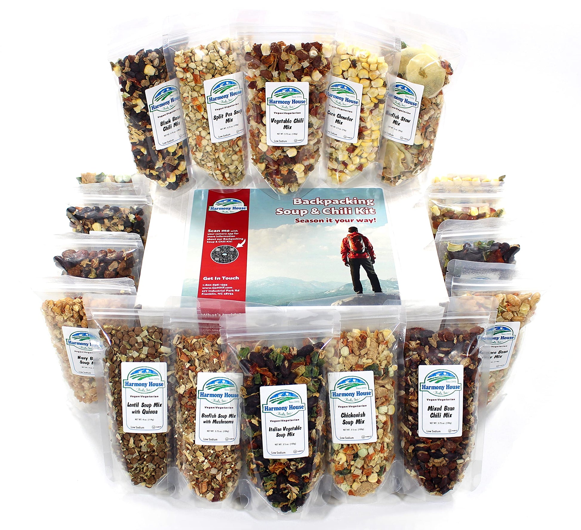 Harmony House Backpacking Soup & Chili Kit – 18 Count Variety Pack, Resealable Zip Pouches, White