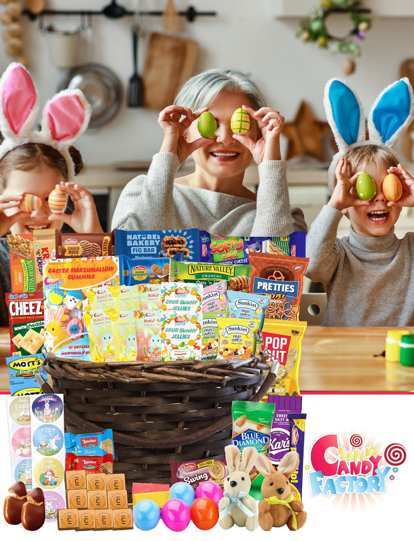 Easter Brown Round Willow Basket (70 Ct) Filled With Treats, Snacks, Candy, Peelable Gummies, Marshmallow Gummies, Bunny And Mor