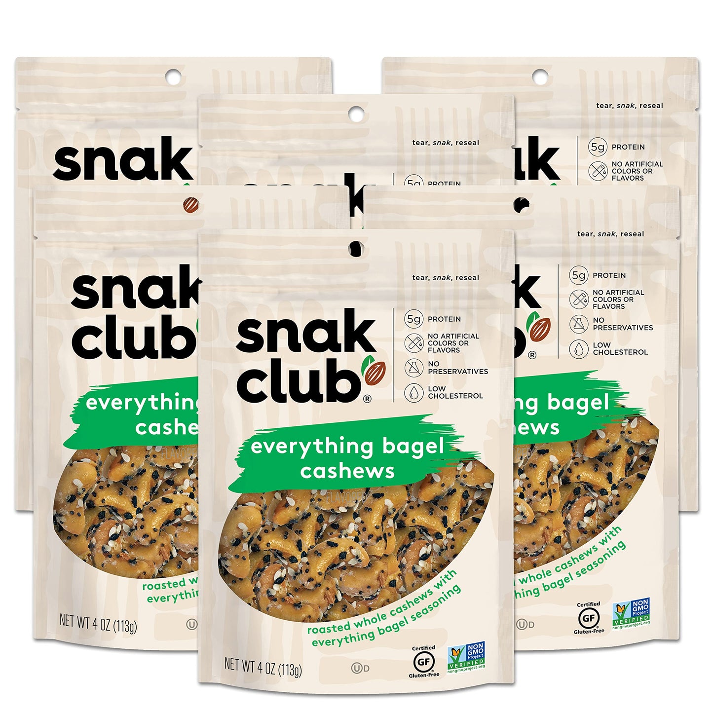 Snak Club Everything Bagel Cashews, Roasted and Seasoned Cashew Nuts Snack, 4 oz Resealable Bag (Pack of 6)