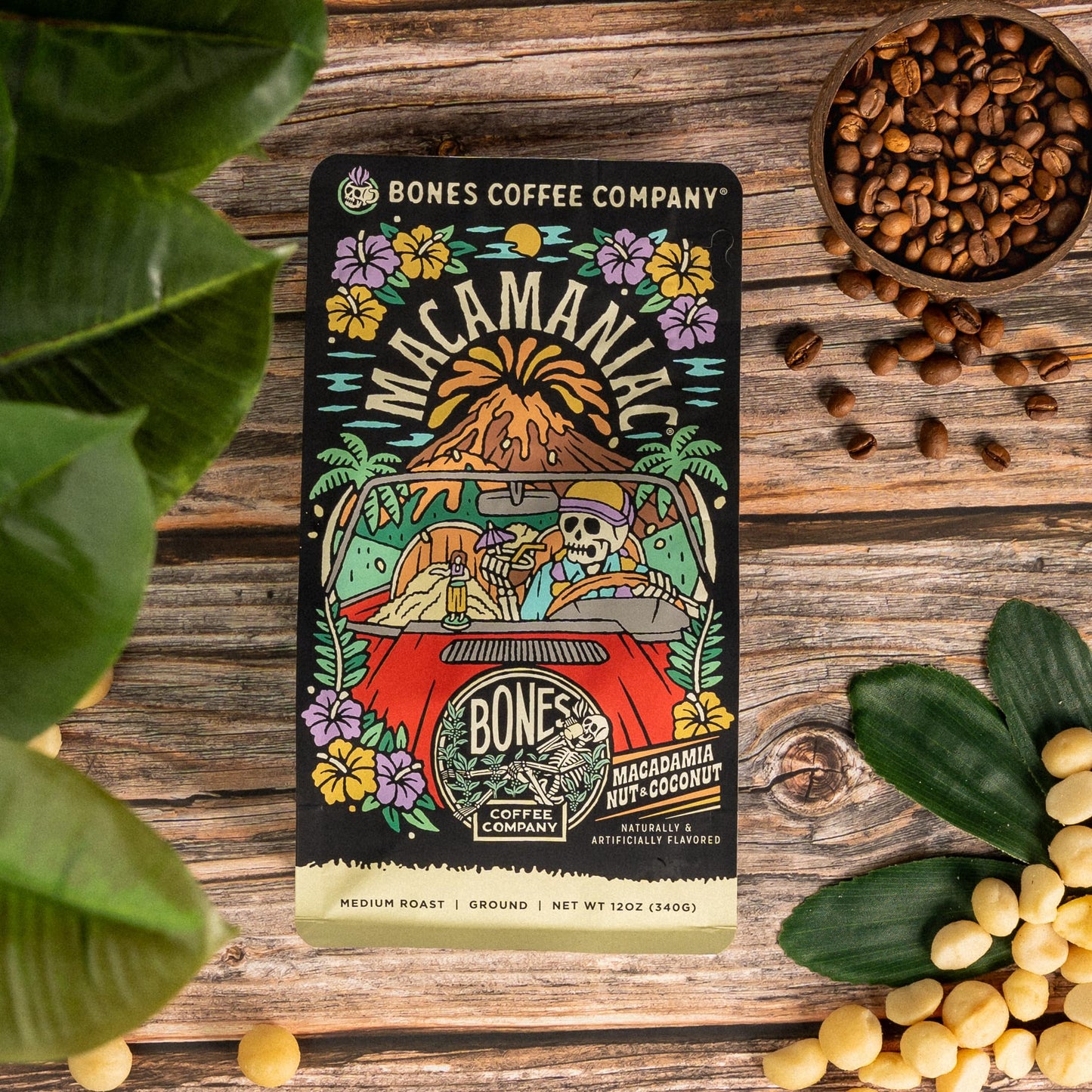 Bones Coffee Company Macamaniac Whole Coffee Beans Macadamia And Coconut Flavor, Low Acid Flavored Coffee, Made With Arabica Cof