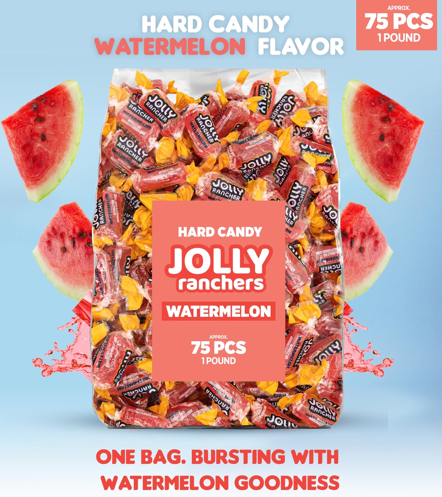 Watermelon Jolly Ranchers Hard Candy - Original Flavor - 1 LB Bulk Bag (Approx. 75 Pieces) - Individually Wrapped Sweet & Tart C
