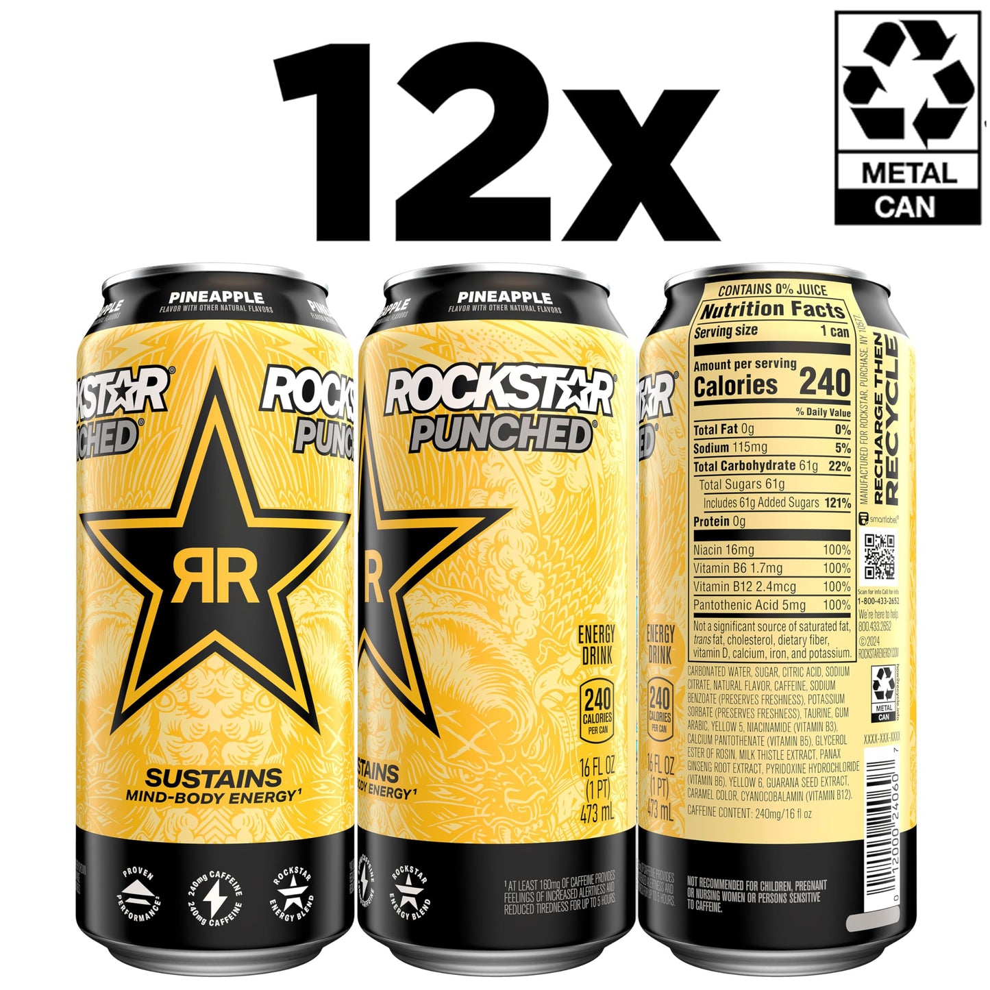 Rockstar Punched Energy Drink, Pineapple, 16 Fl Oz Cans (Pack Of 12)