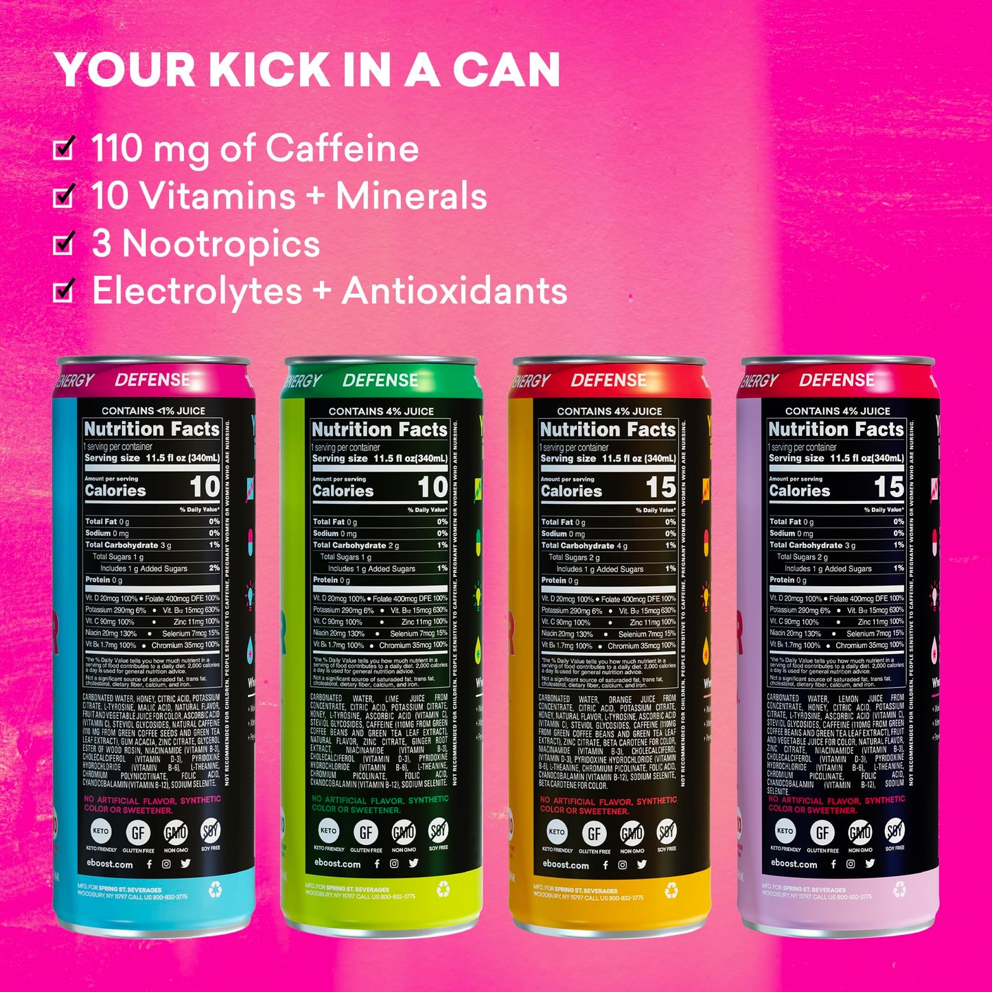 EBOOST Super Fuel Natural Energy Drink - Variety Pack  12 Pack - 3 x Orange Mango  Strawberry Lemonade  Ginger Lime  and Blue Raspberry - Natural Caffeine from Coffee and Green Tea