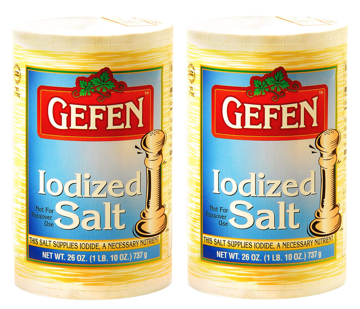 Gefen Iodized Salt 26Oz (2 Pack, Total 3.25 Pounds) Easy Pour Spout Canister, Product Of The Usa , Certified Kosher