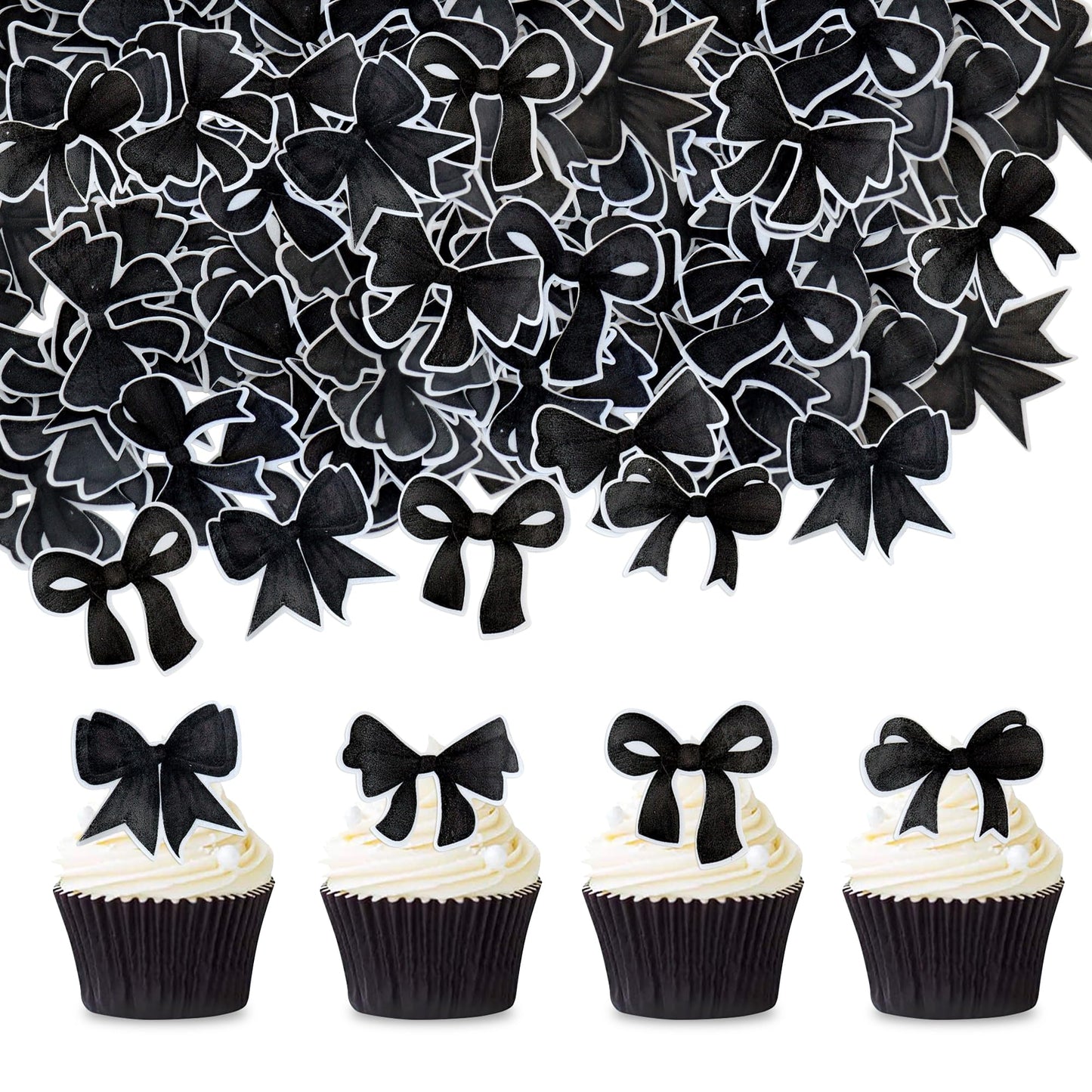 Cyodoos 40pcs Edible Black Bowknot Cupcake Toppers Wafer Paper Bowknot Cake Dessert Picks Bowknot Drink Topper Baby Shower Princ