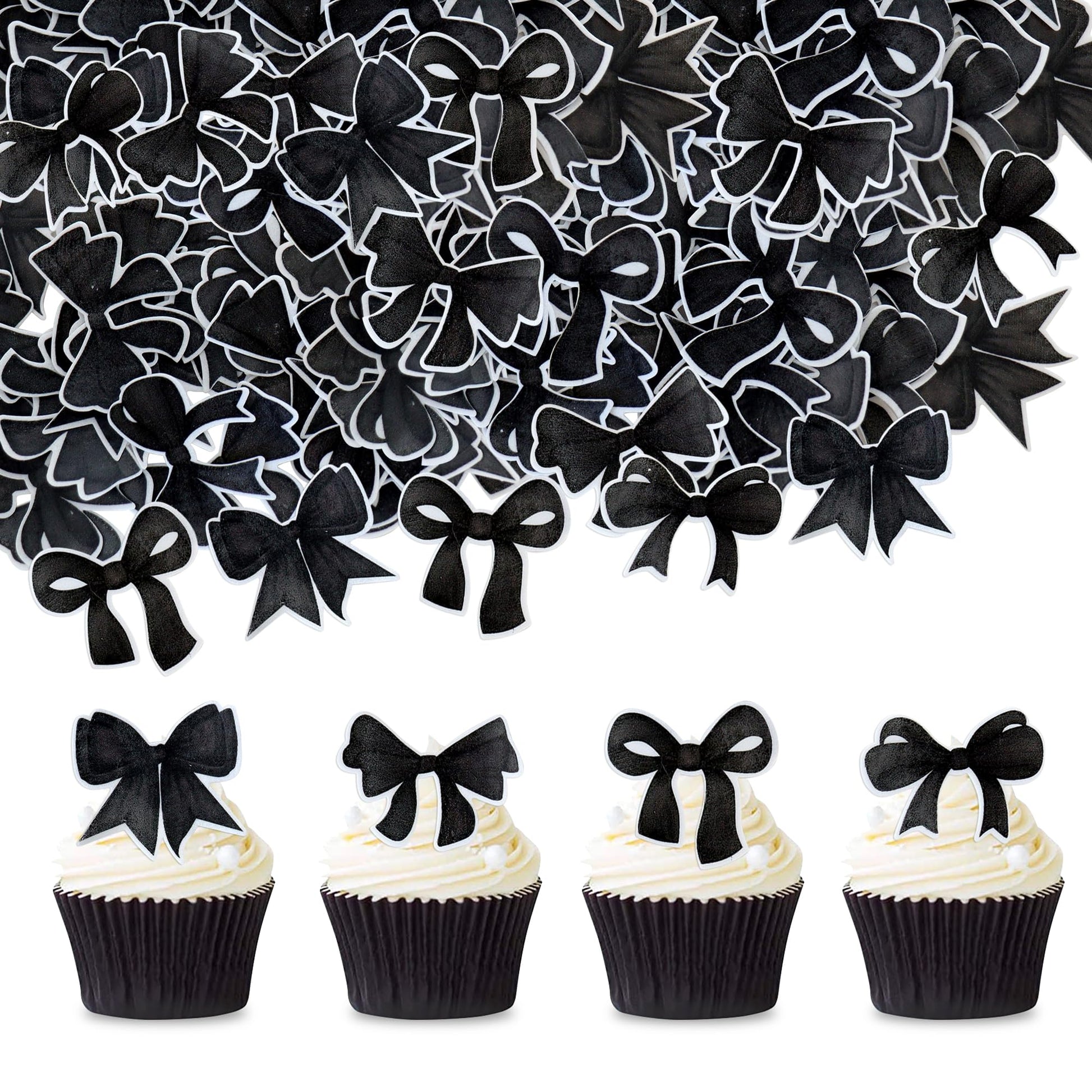 Cyodoos 40pcs Edible Black Bowknot Cupcake Toppers Wafer Paper Bowknot Cake Dessert Picks Bowknot Drink Topper Baby Shower Princ
