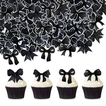 Cyodoos 40pcs Edible Black Bowknot Cupcake Toppers Wafer Paper Bowknot Cake Dessert Picks Bowknot Drink Topper Baby Shower Princ
