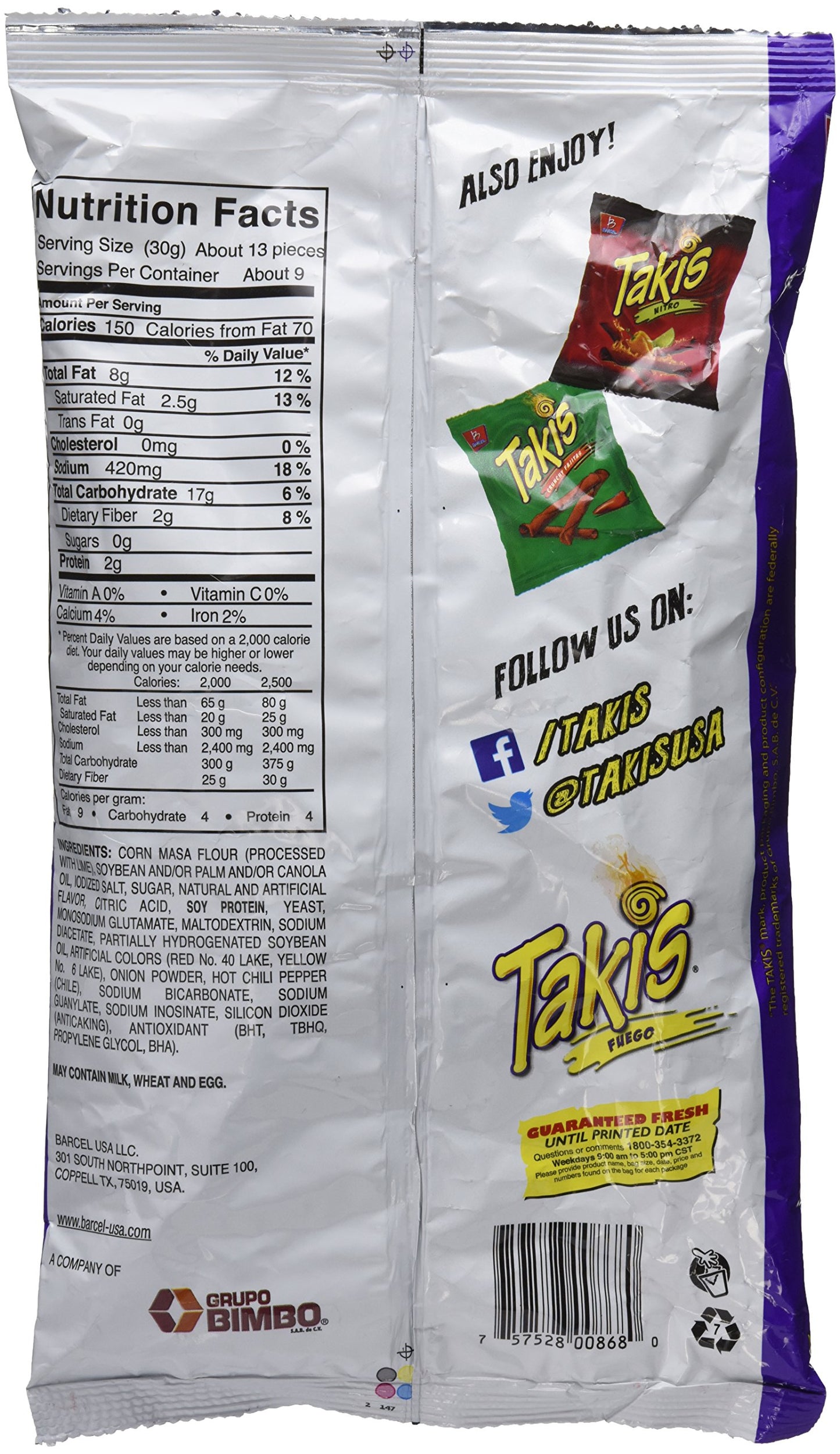 Bracel, Takis, Fuego Hot Chili Pepper & Lime Tortilla Chips, 9.9-Ounce Bag(280g), pack of 2