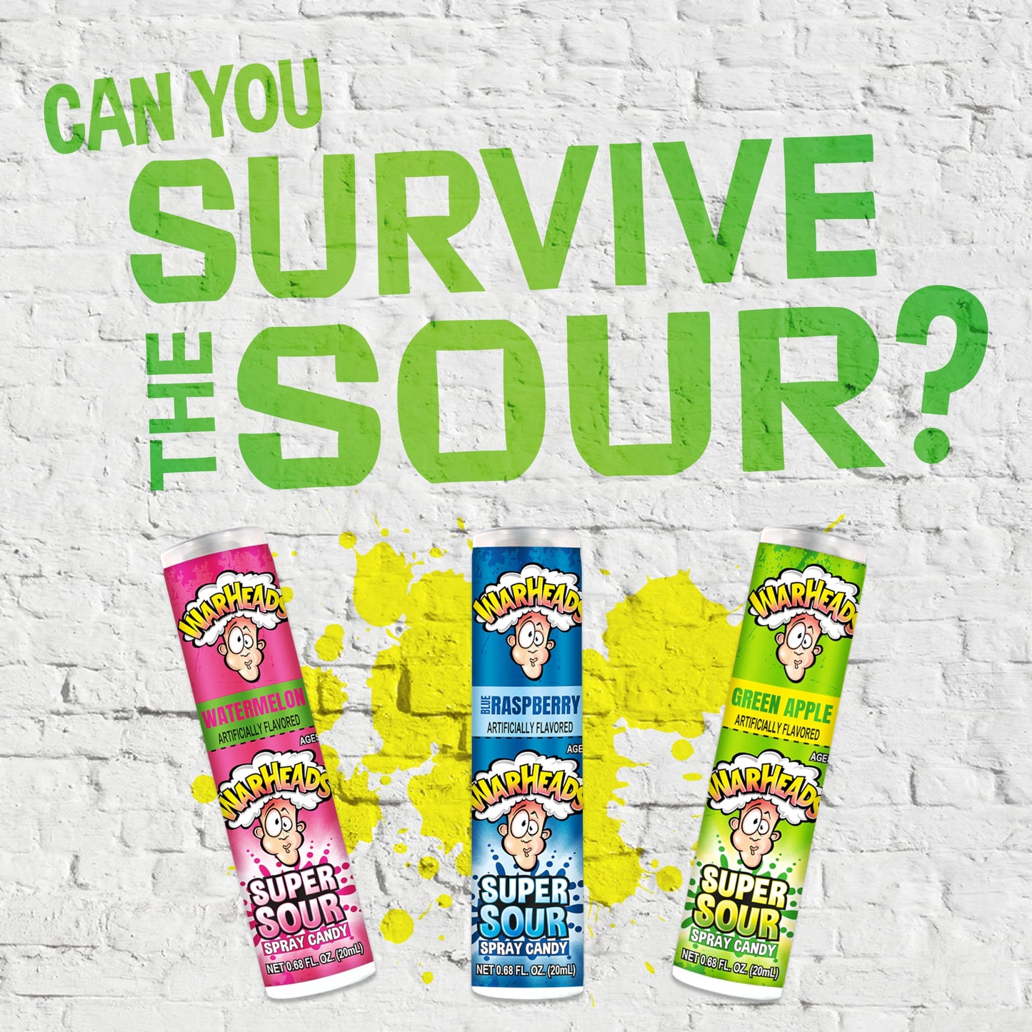 Warheads - Super Sour Candy Spray - Blue Raspberry, Green Apple And Watermelon Flavors - 0.68 Oz. Bottles - 12 Pack