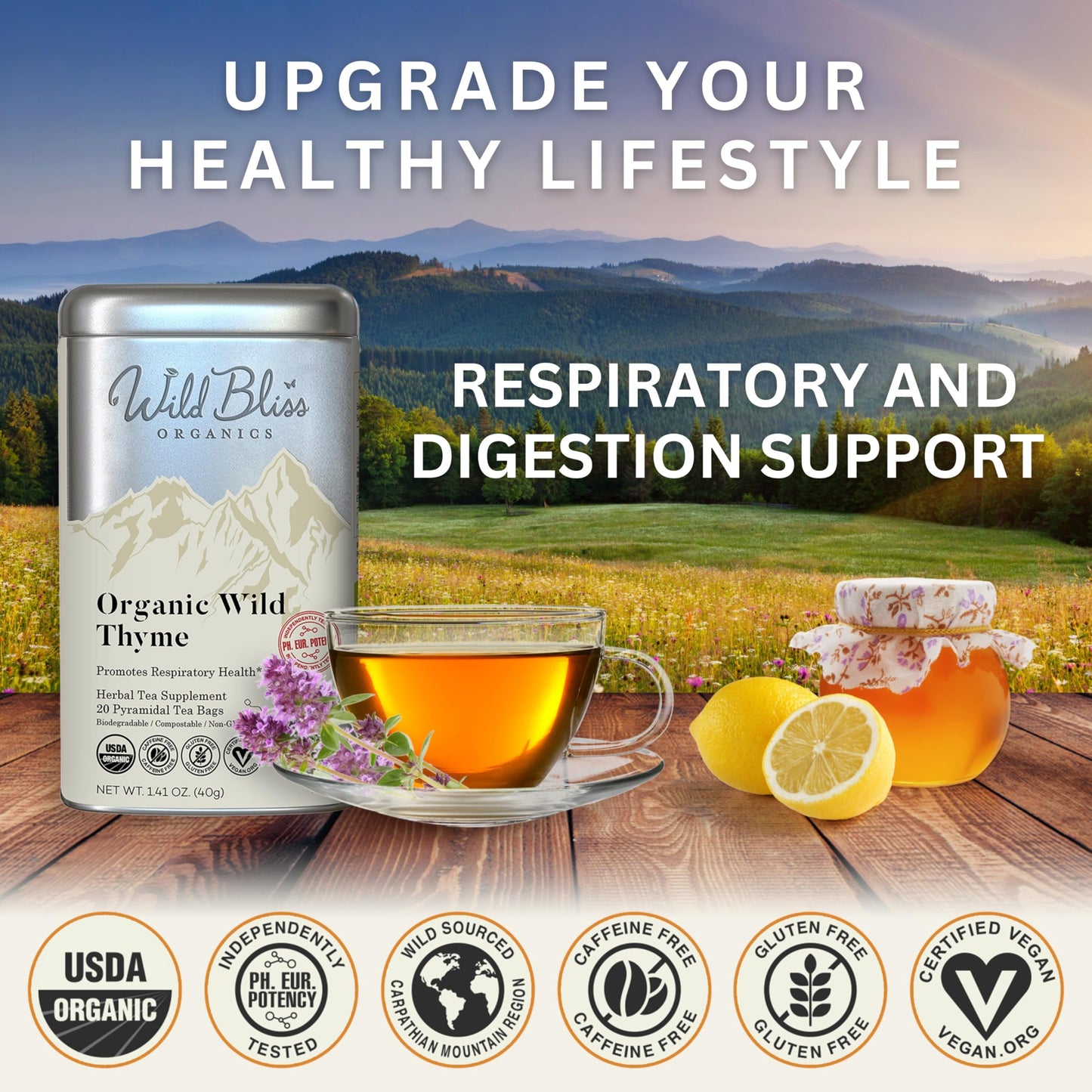 Wild Bliss Organic Wild Thyme Tea - Caffeine Free Herbal Support - 20 Plant Based Tea Bags