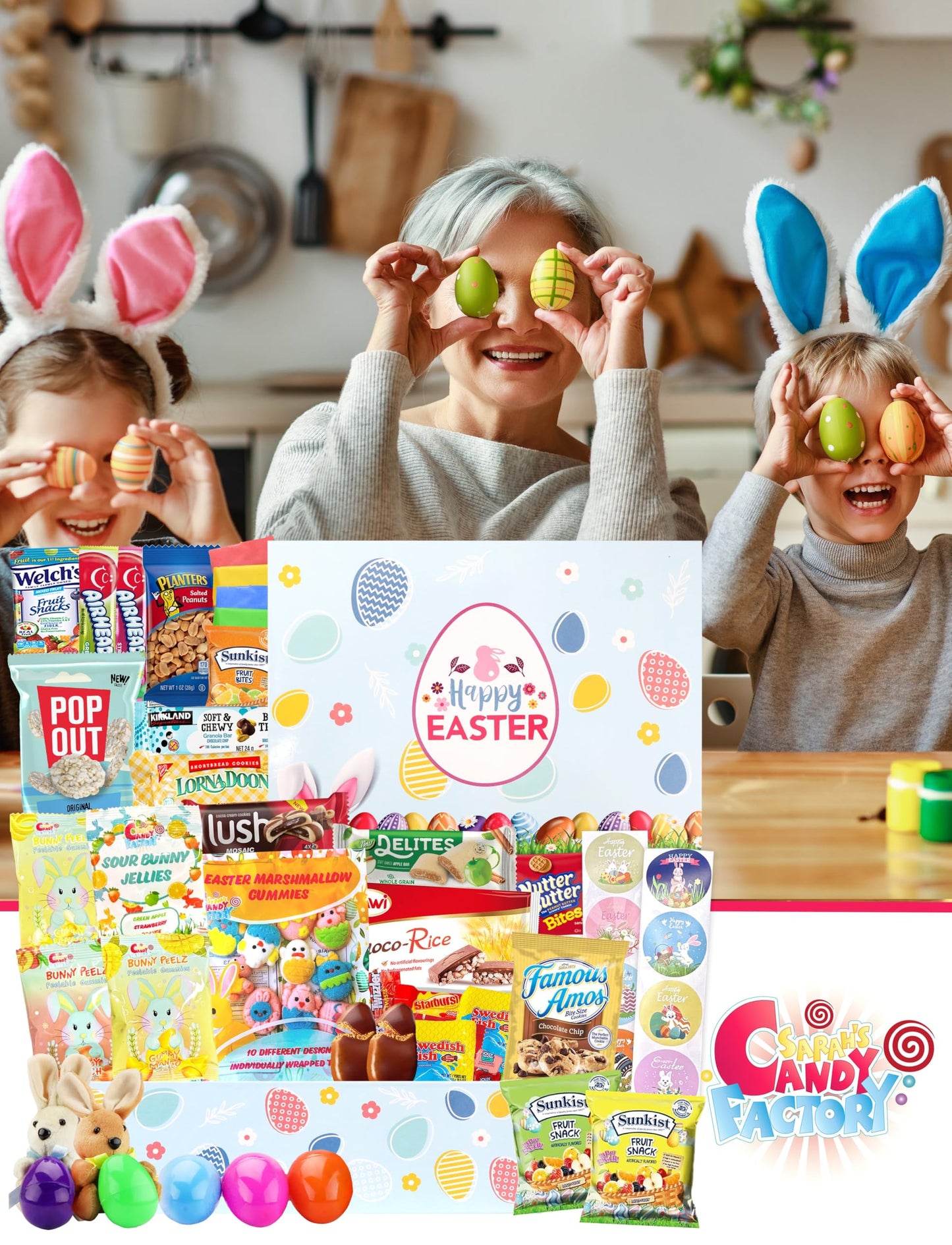Easter Snack Blue Box (60 Count) Filled With Snacks, Candy, Peelable Gummies, Marshmallow Gummies And More, Great Package For Fa
