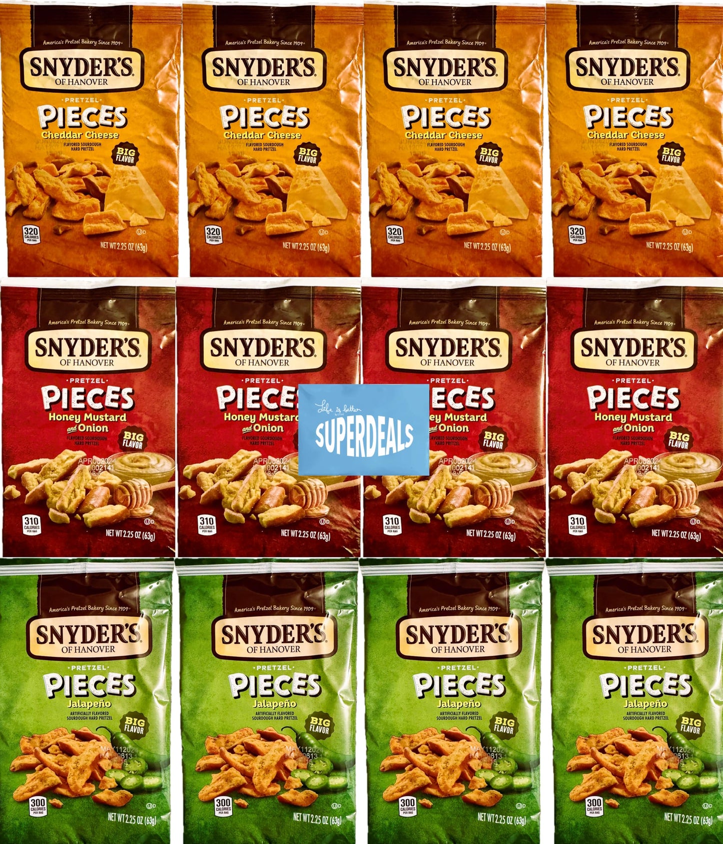 SUPERDEALS Snyders Pretzel Pieces Variety Pack - 12 Bags (2.25 oz each) - Cheddar, Honey Mustard, Jalapeno - Total 27 Ounces