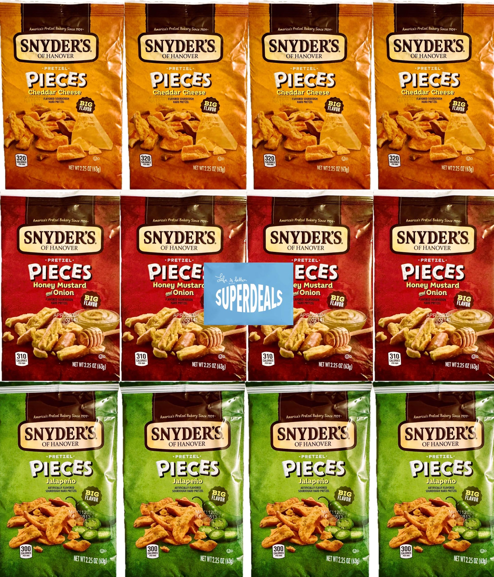 SUPERDEALS Snyders Pretzel Pieces Variety Pack - 12 Bags (2.25 oz each) - Cheddar, Honey Mustard, Jalapeno - Total 27 Ounces