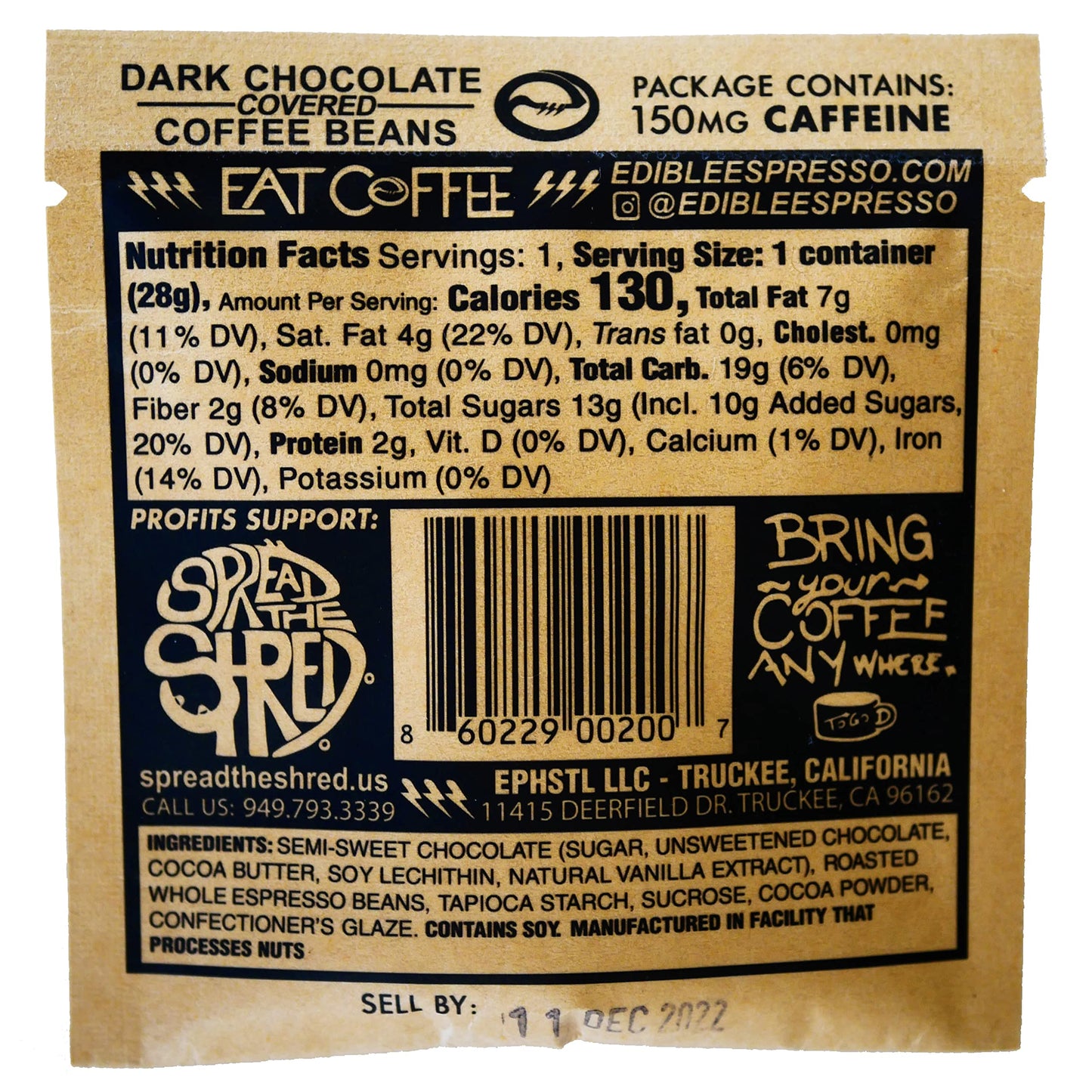 Edible Espresso Dark Chocolate Covered Coffee Beans, 150mg Caffeine, Plant-based, Dairy-Free, 3 Pack x 1oz