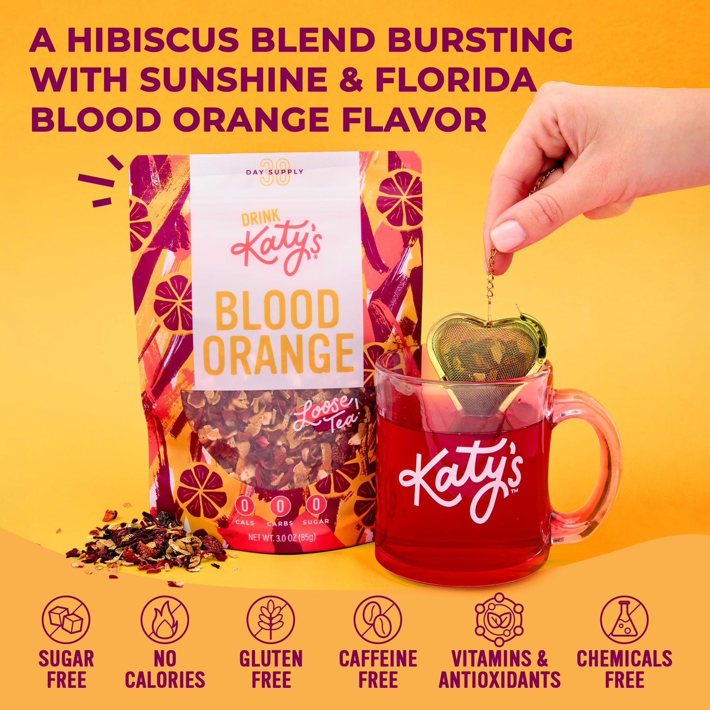 DRINK KATYS Blood Orange Herbal Tea, Caffeine Free, 3 Ounce, Loose Leaf, All Natural, Makes Hot or Iced Tea