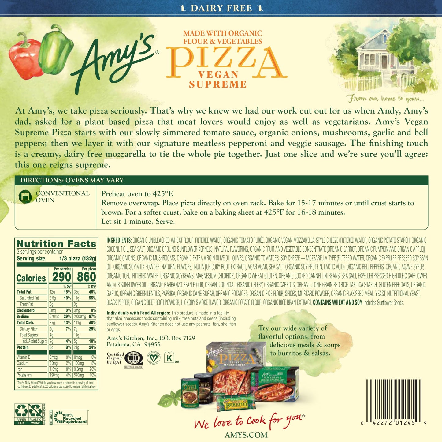 Amys Frozen Pizza, Supreme Vegan Pizza, Made With Organic Flour and Vegetables, Frozen Meals, 14.0 Oz