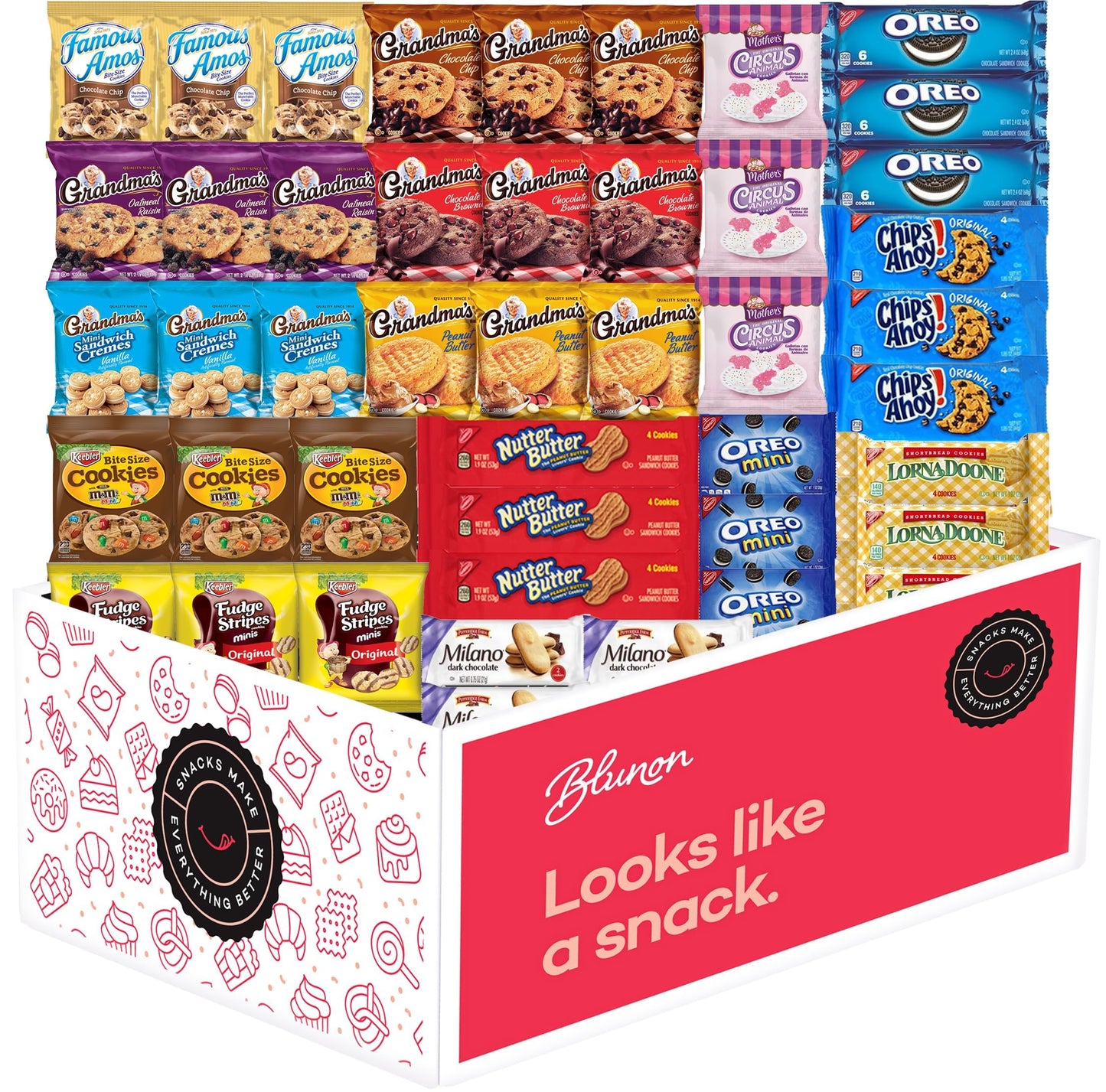 Blunon Cookies Individually Wrapped Variety Pack - 45 Count Bulk Assortment Care Package Sampler Gift Box
