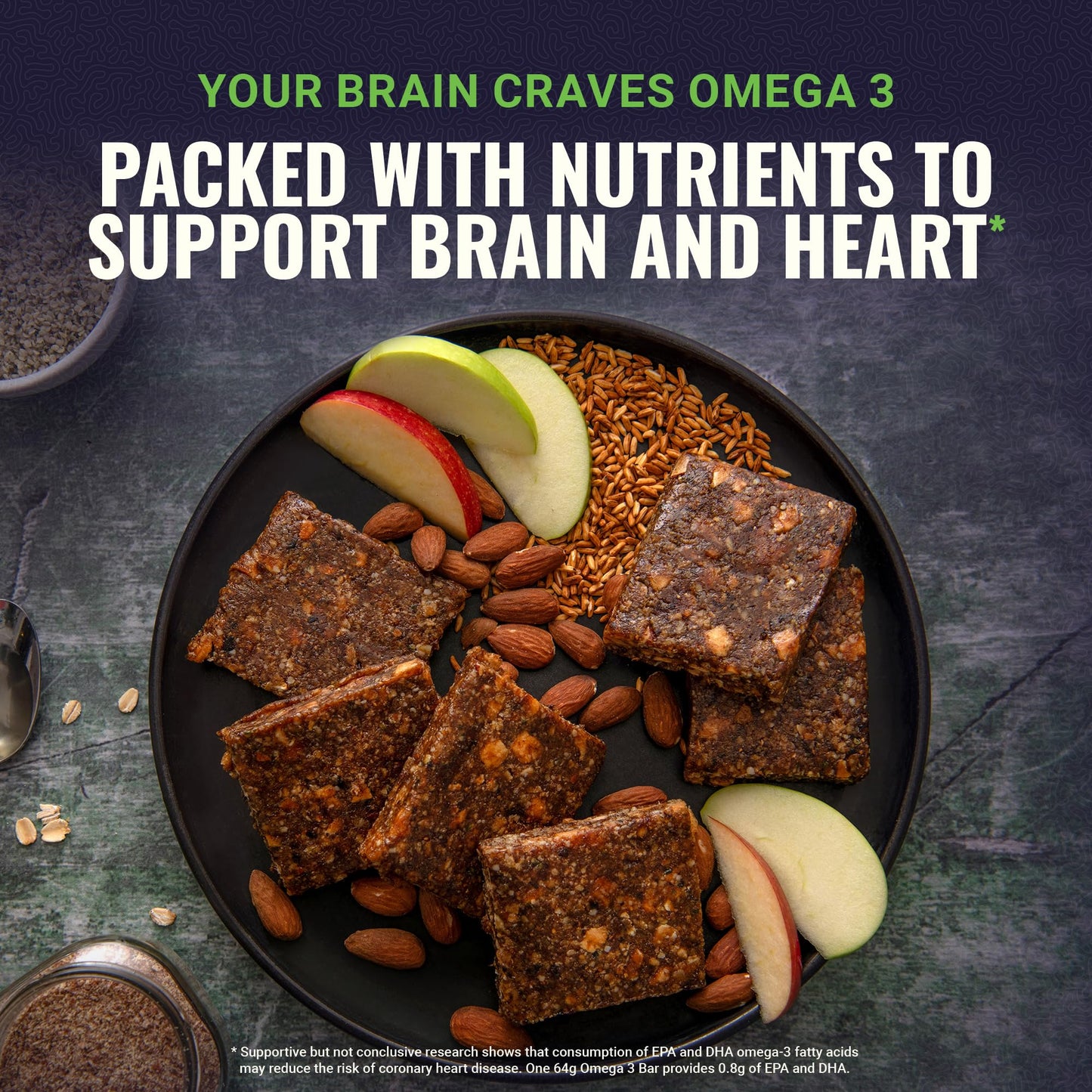 Braincare Omega 3 Fig Bars - Apple Almond Crisp, Gluten-Free Protein Snacks, 4 Count, 1,992mg Omega-3, High-Protein Meal Replacement
