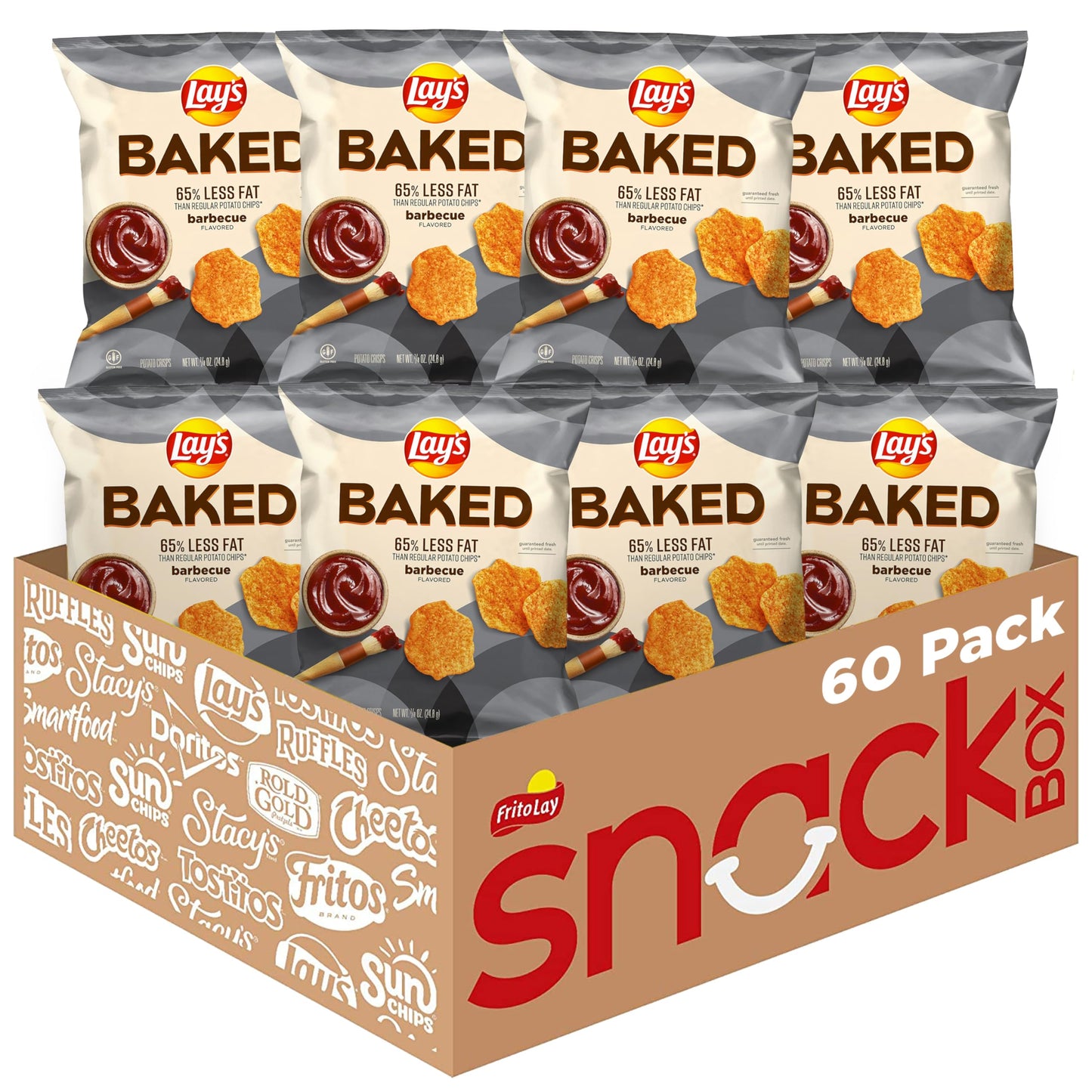Frito Lay Baked Lay’s Potato Chips, Barbecue, 0.875 oz Bags, 60 Pack, Gluten Free, 50% Less Fat