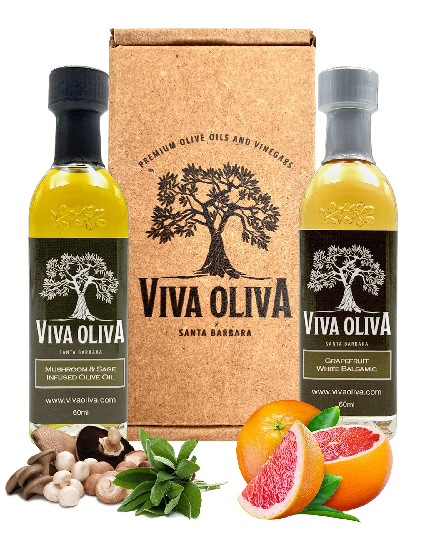 Viva Oliva Gift Set - Wild Mushroom & Sage Olive Oil & Grapefruit Balsamic Vinegar - 2 x 60ml (2oz) - Premium Quality, 100% Natural