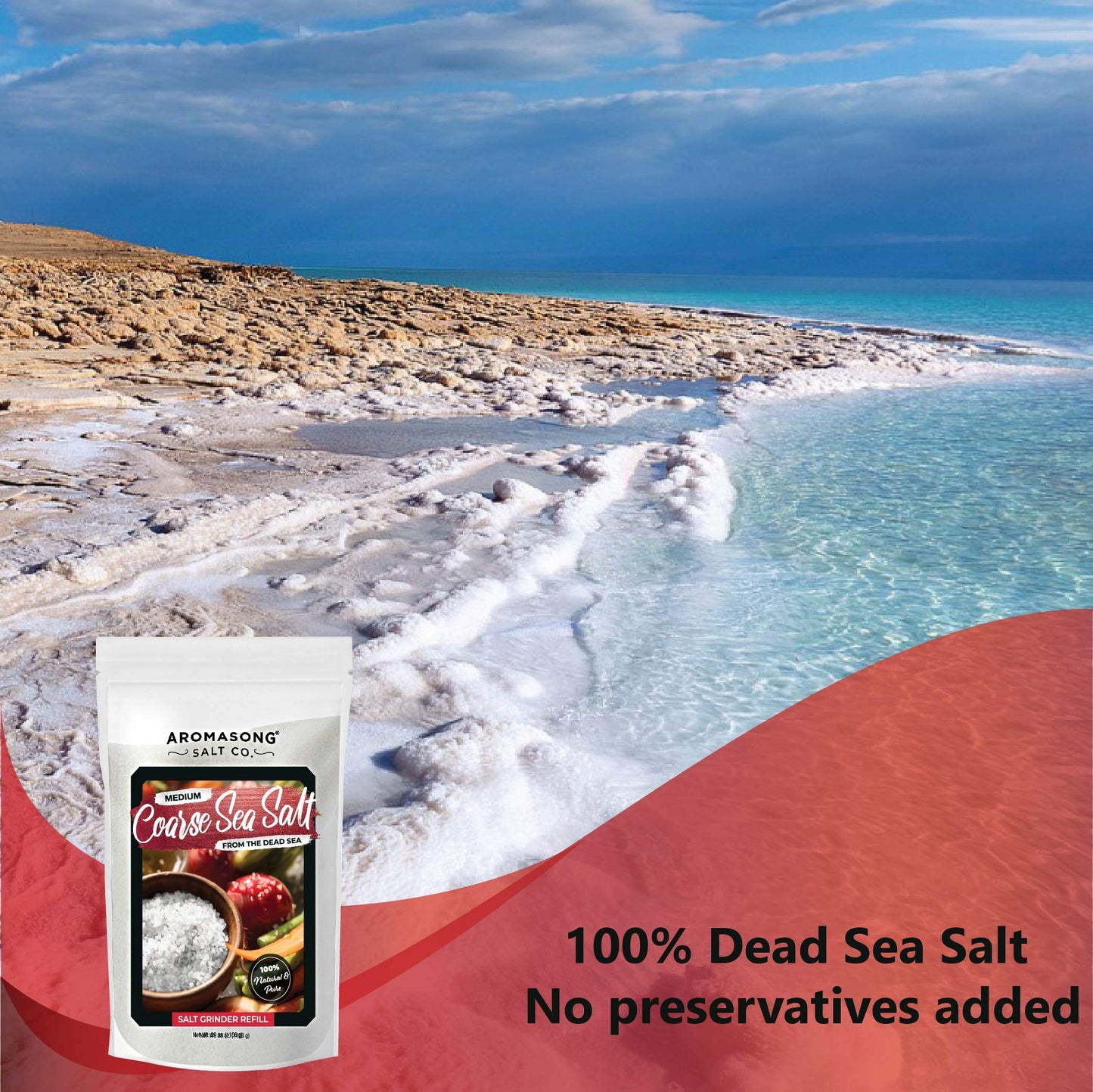Aromasong 100% Natural Sea Salt, Coarse Grain, Large Bulk Resealable Bag, 2.43 Lbs, Sun Dried From The Dead Sea, Unrefined, Glut