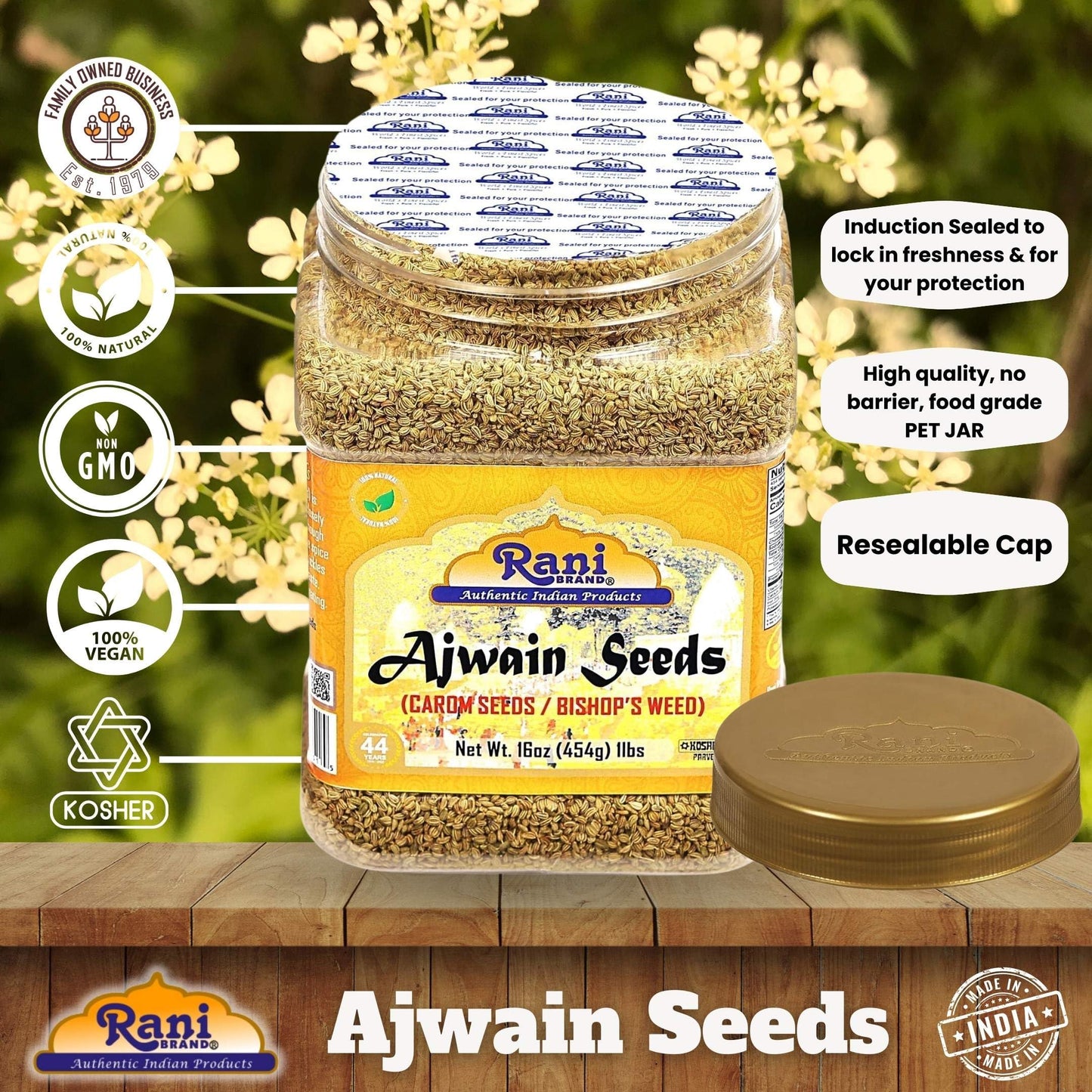 Rani Ajwain Seeds (Carom) Whole Spice, All Natural, Vegan, Non-GMO, 16oz (454g) PET Jar