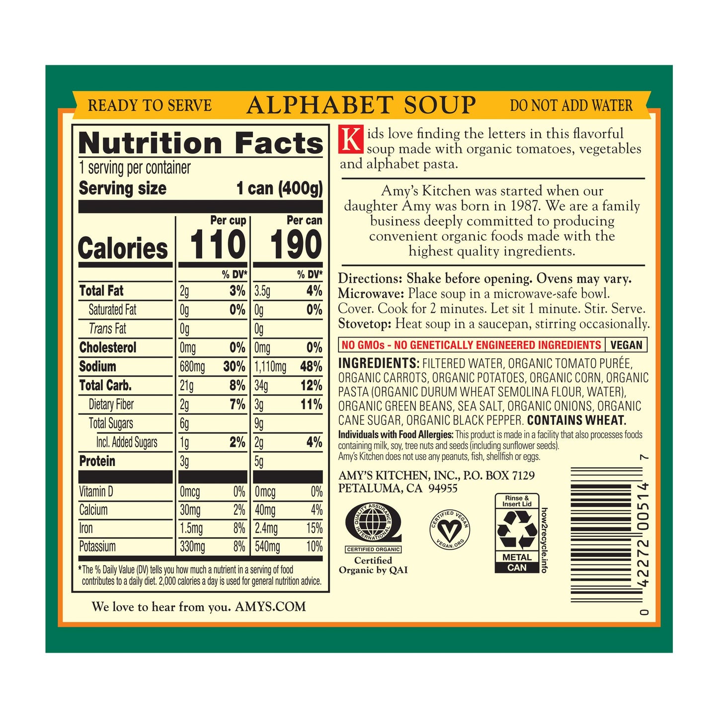 Amys Soup, Vegan Alphabet Soup, Low Fat, Made With Organic Potatoes, Carrots And Green Beans, Canned Soup, 14.1 Oz (12 Pack)